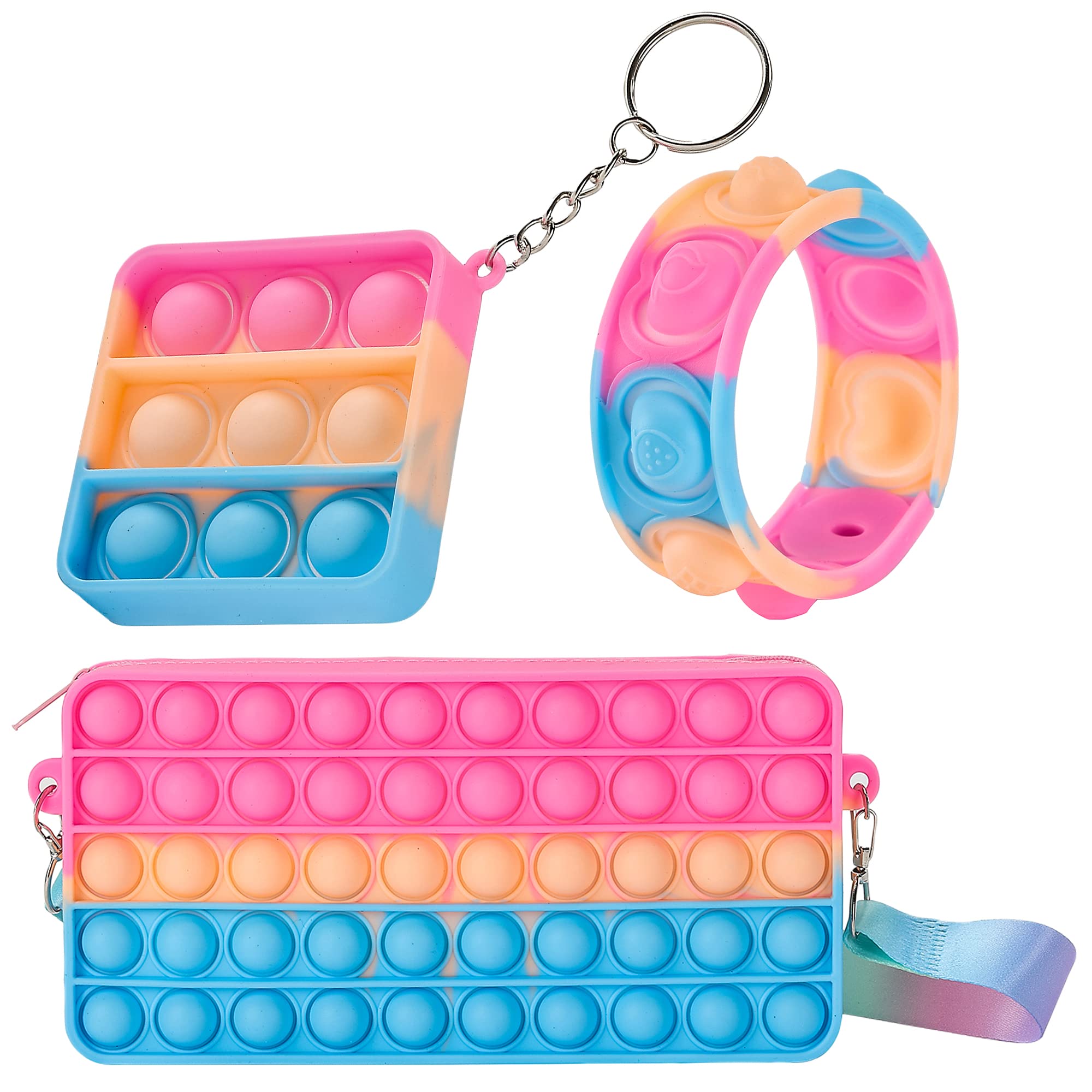 Interxa Push Pop It Fidget Toys Set - Silicone Sensory Fidget Toys for Stress Relief (Includes Pop It Purse with Strap, Keychain & Bracelet) - Perfect for Kids, Teens & Adults - Great for Anxiety Relief, Classroom Focus & Travel Entertainment