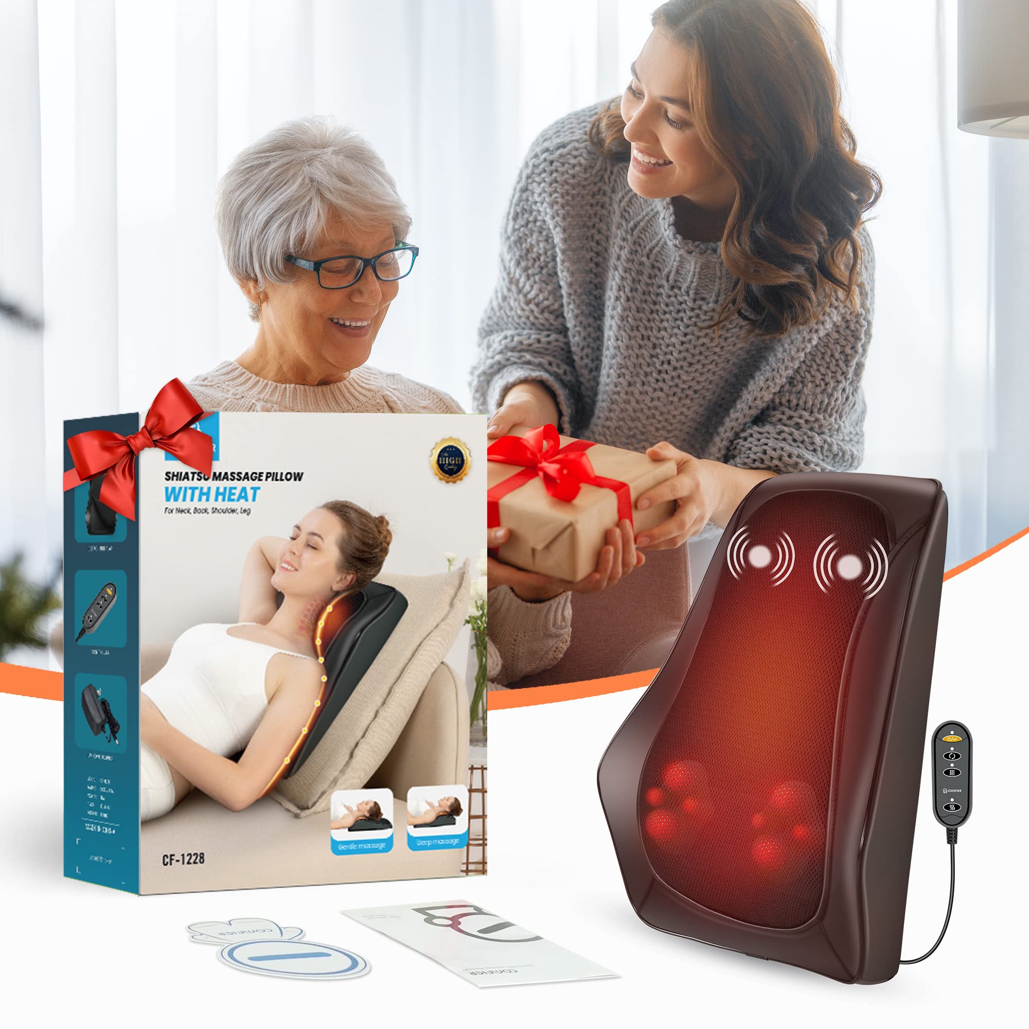 COMFIER Shiatsu Neck and Back Massager with Heat - 3D Kneading Massage Pillow for Back Pain Relief, Soothing Heating Pad for Men & Women - Perfect for Home, Office, and Car Use