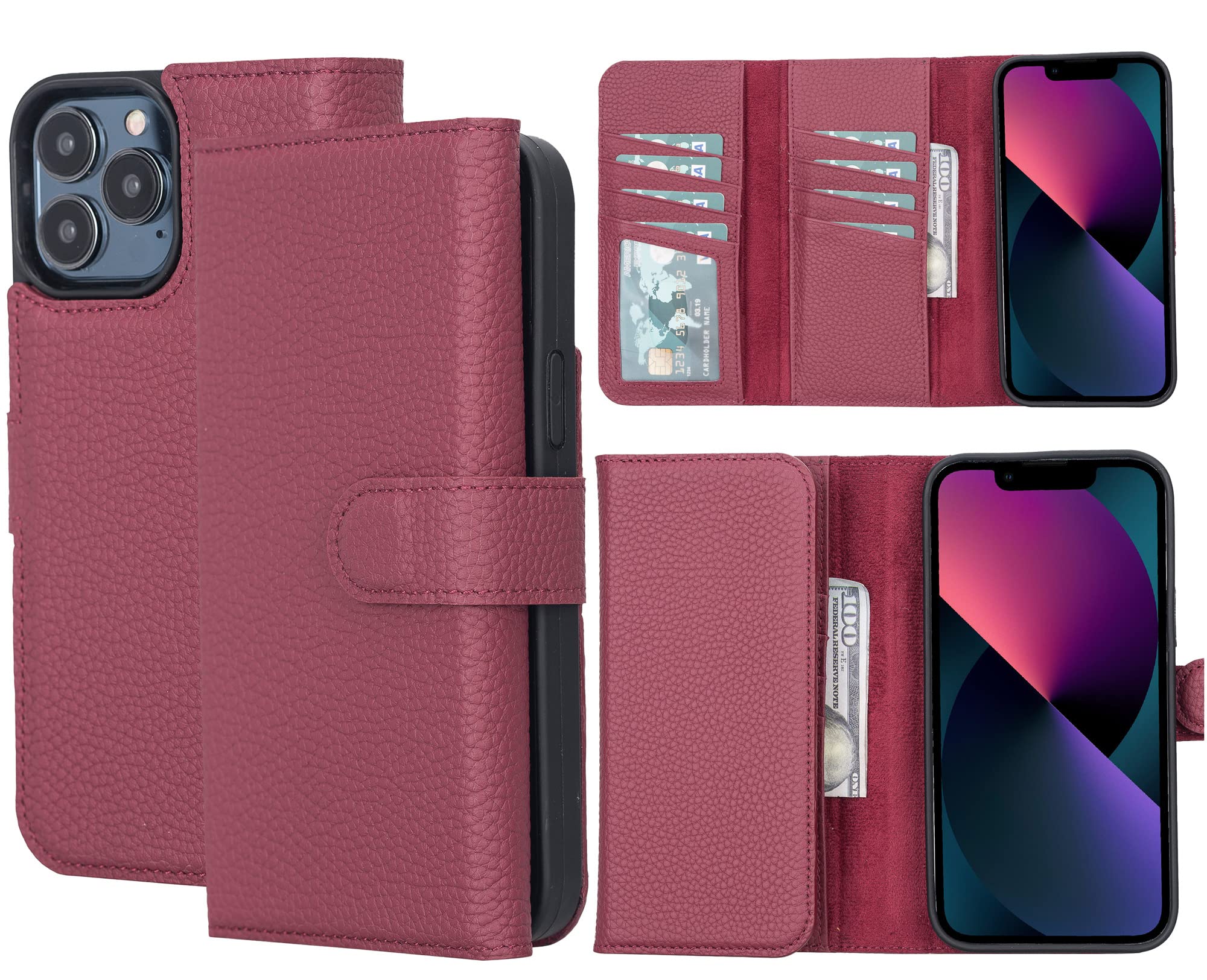 Bayelon Genuine Leather Wallet for iPhone 12/13/Pro Max - Magnetic Detachable Bifold Case with RFID Protection (Burgundy) | Perfect for Everyday Use, Travel & Business