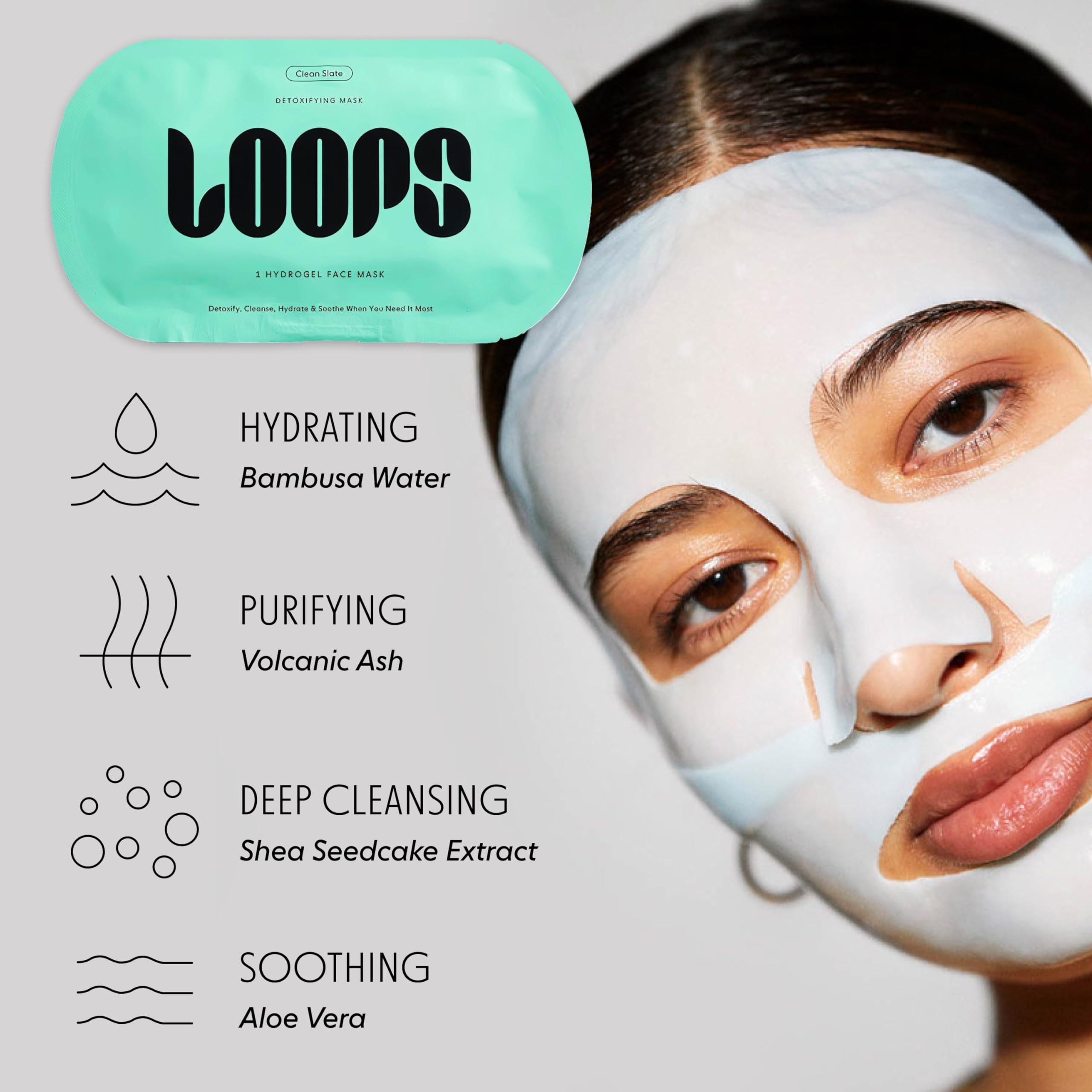 LOOPS CLEAN SLATE Detoxifying Hydrogel Face Mask - Deeply Purifying & Hydrating - Pore Minimizing & Soothing - For Glowing Skin at Home Spa or Night Routine