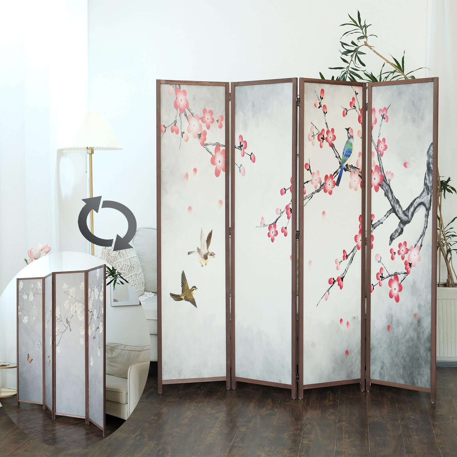 4 Panel Room Divider Screen - Double Sided Blackout Folding Partition for Home & Office - Magnolia Plum Floral Design (67