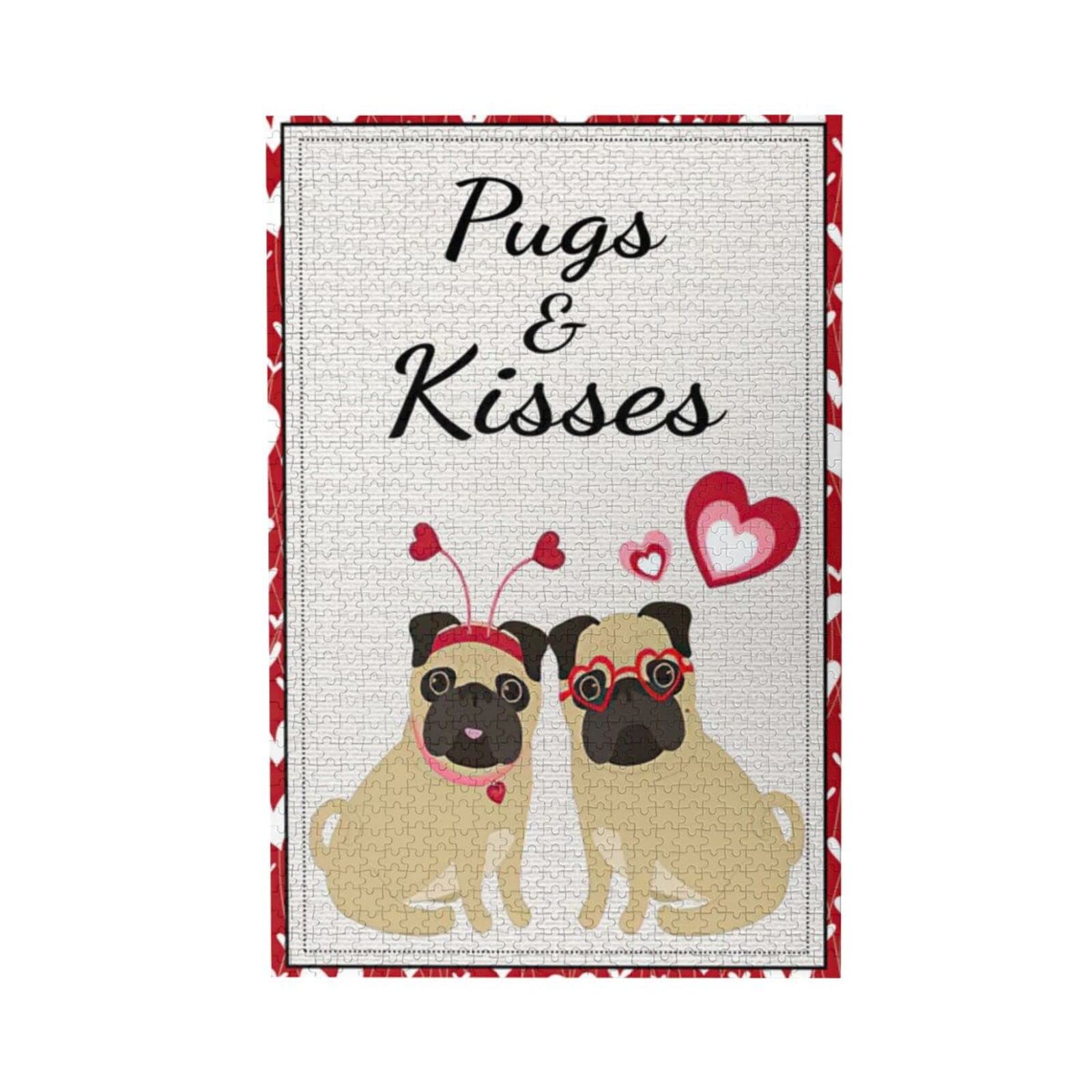 Pug and Kisses Valentine Puppy 1000 Piece Wooden Jigsaw Puzzle for Adults & Kids - Large Puzzle Game Toy Gift for Family Game Night & Valentine's Day