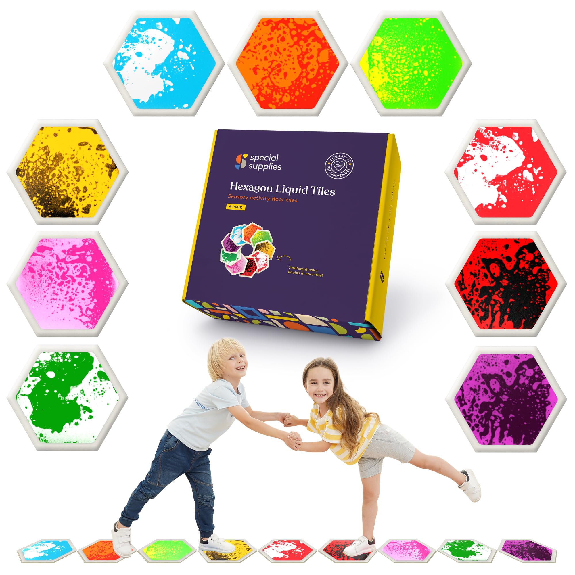 Hexagon Floor Tiles for Kids - Set of 9 Colorful Non-Slip Play Mats for Toddlers | Early Learning Activity Mats for Dance, Games & Active Play | Perfect for Playrooms, Daycares & Preschool Classrooms