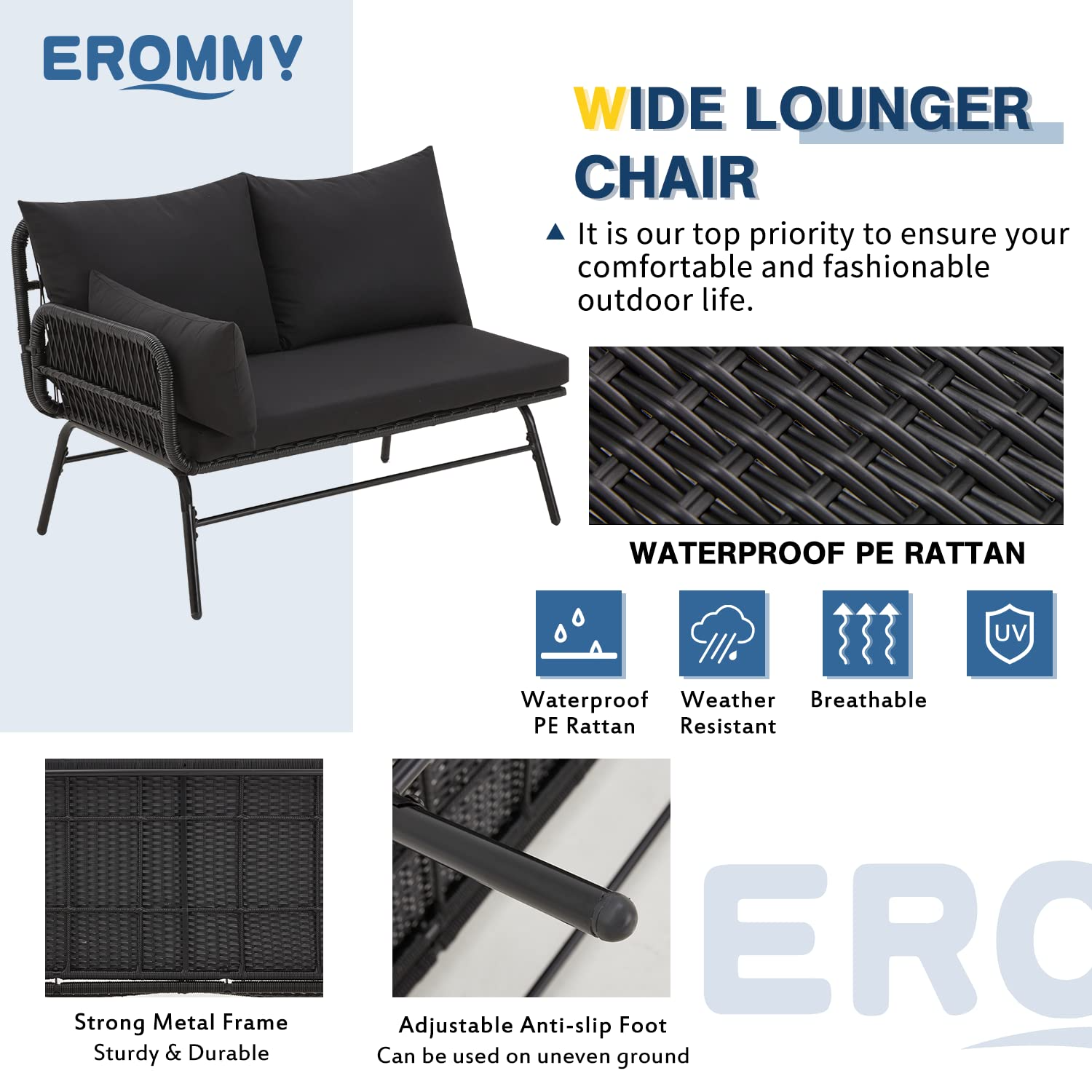 EROMMY 3-Piece L-Shaped Outdoor Patio Sofa Set with Weather-Resistant Cushions & Tempered Glass Coffee Table - Black - Perfect for Backyard, Garden, Poolside & Patio Relaxation