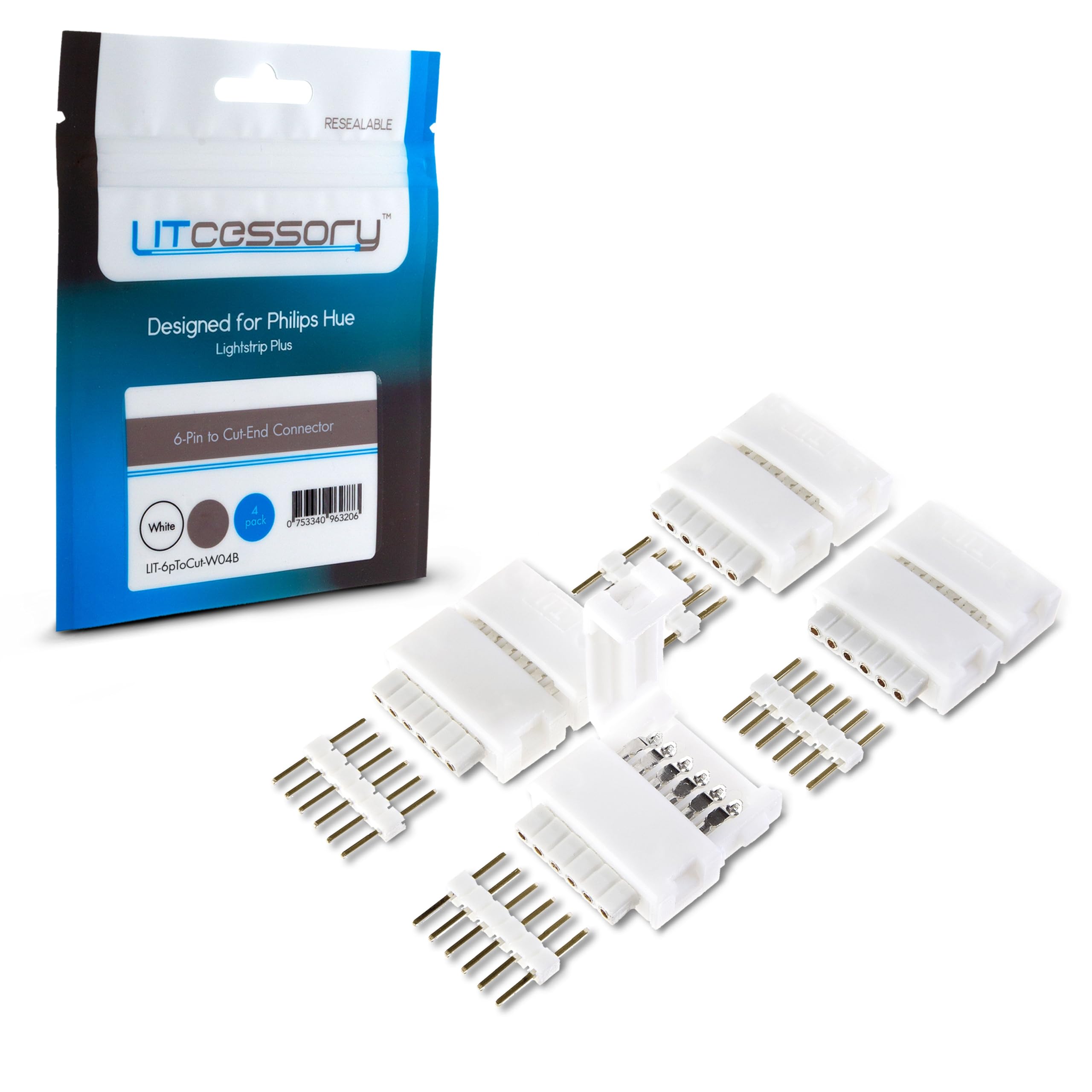 Philips Hue Light Strip Connector - 6-Pin to Cut-End LED Strip Connector (4 Pack, White) - Compatible with Hue Bridge & Smart LED Lights - DIY Custom Lighting for Home, Office & Gaming Setup