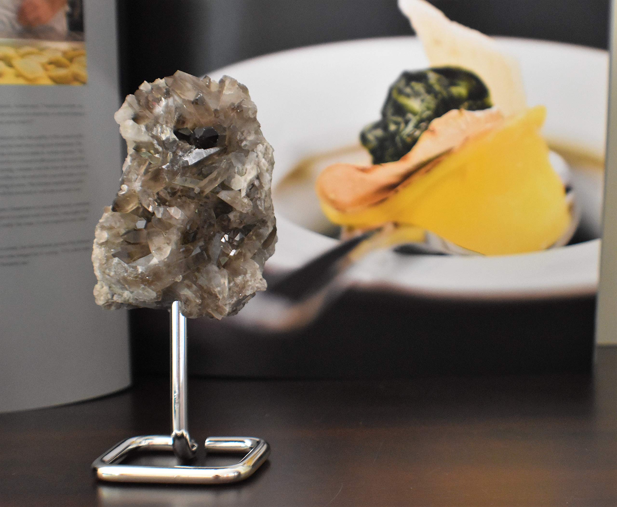 Smoky Quartz Crystal Cluster on Silver Stand - 6 Inch Gray Gemstone Decor for Living Room, Bedroom, Mantel & Shelves - Healing Stone Gift for Meditation, Yoga & Home Office Feng Shui