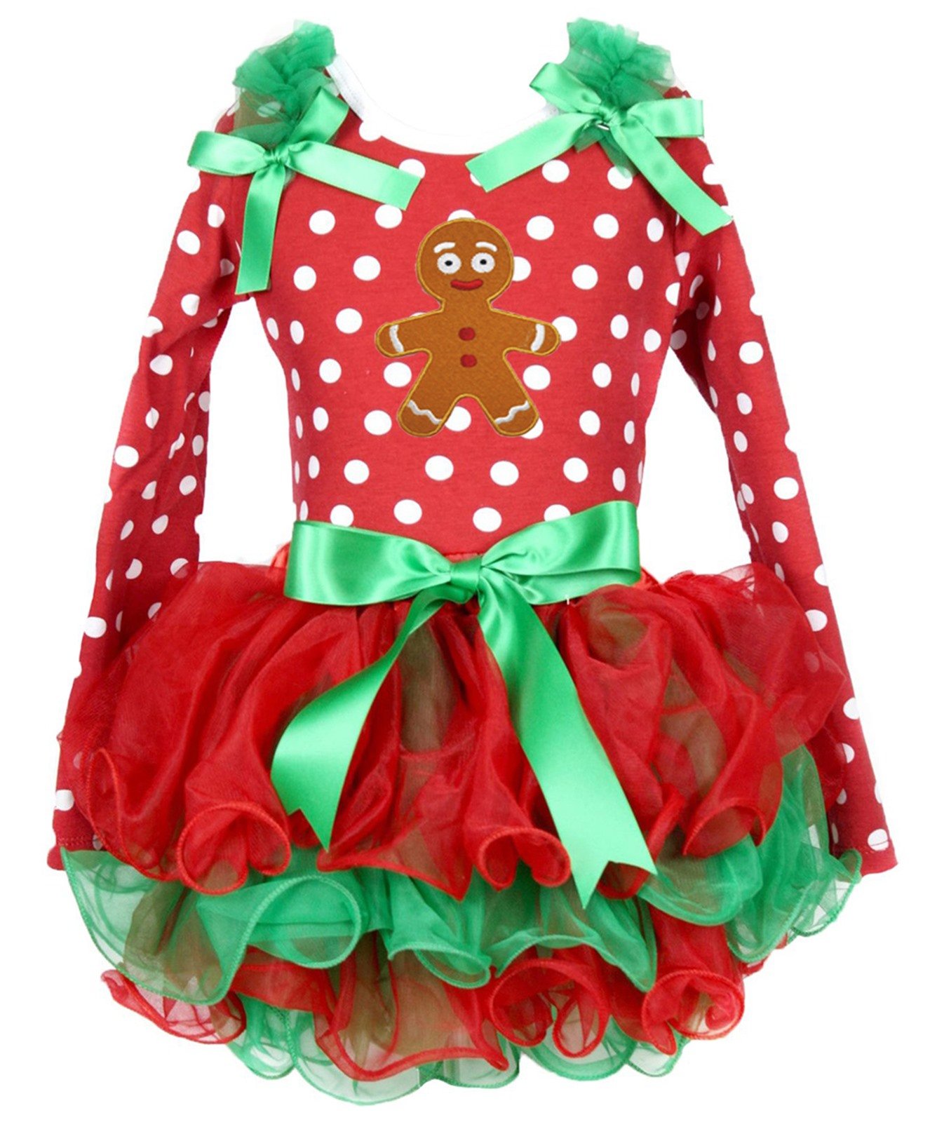 Christmas Dress & Bread Man Red White Dot Long Sleeve Shirt with Red Green Petal Skirt Set for Girls 1-8 Years - Perfect for Holiday Parties & Family Photos