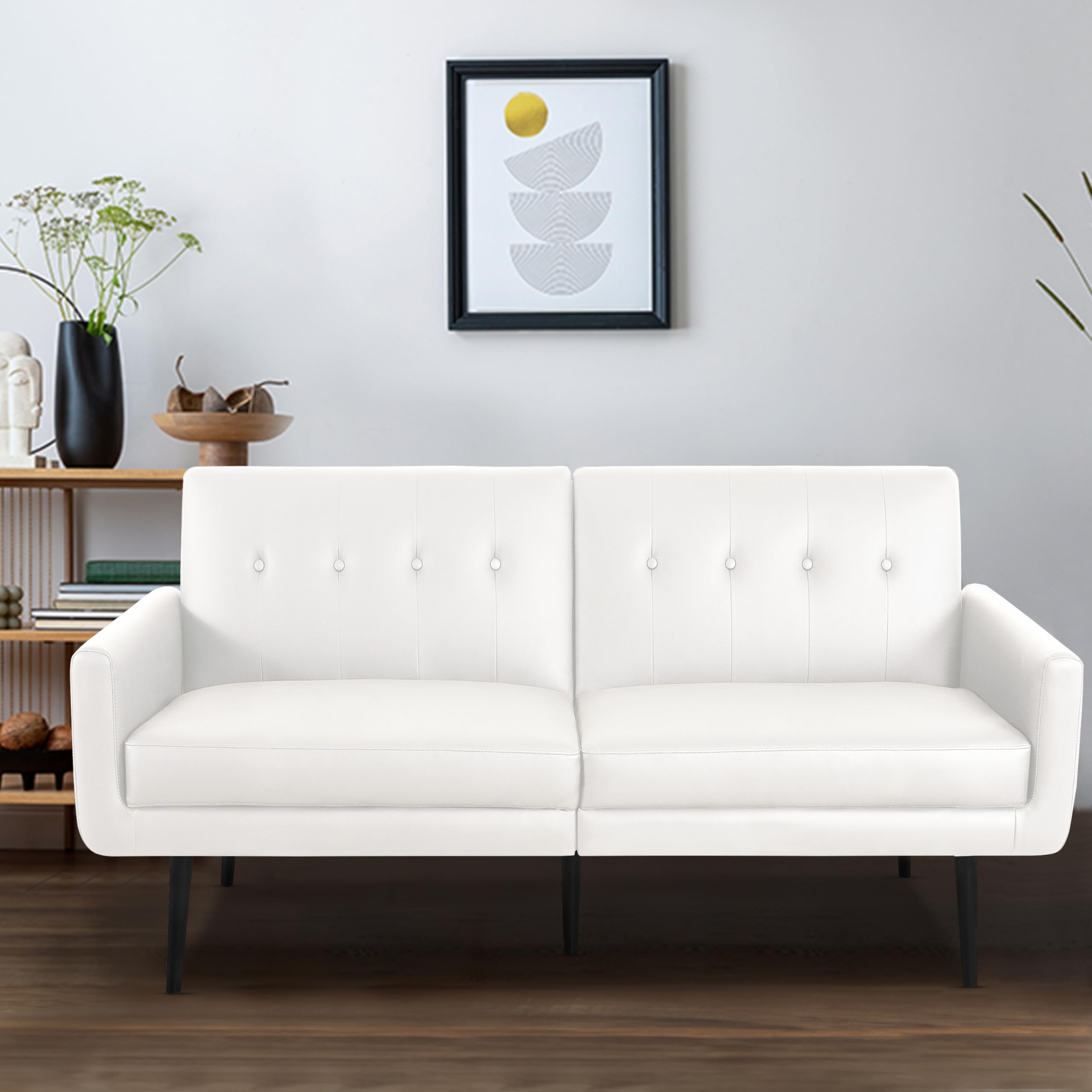 Naomi Home Mid Century Modern Futon Sofa Bed - White Air Leather for Small Spaces, Guest Rooms & Apartments