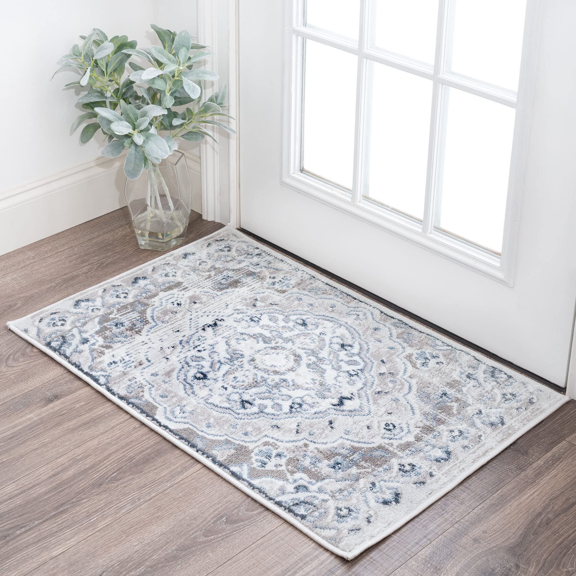 Harris Gray 2x3 Entry Rug - Non-Slip Indoor Front Door Mat - Small Area Rug for Kitchen & Bathroom - Traditional Medallion Design - Perfect for High Traffic Areas, Mudrooms & Entryways