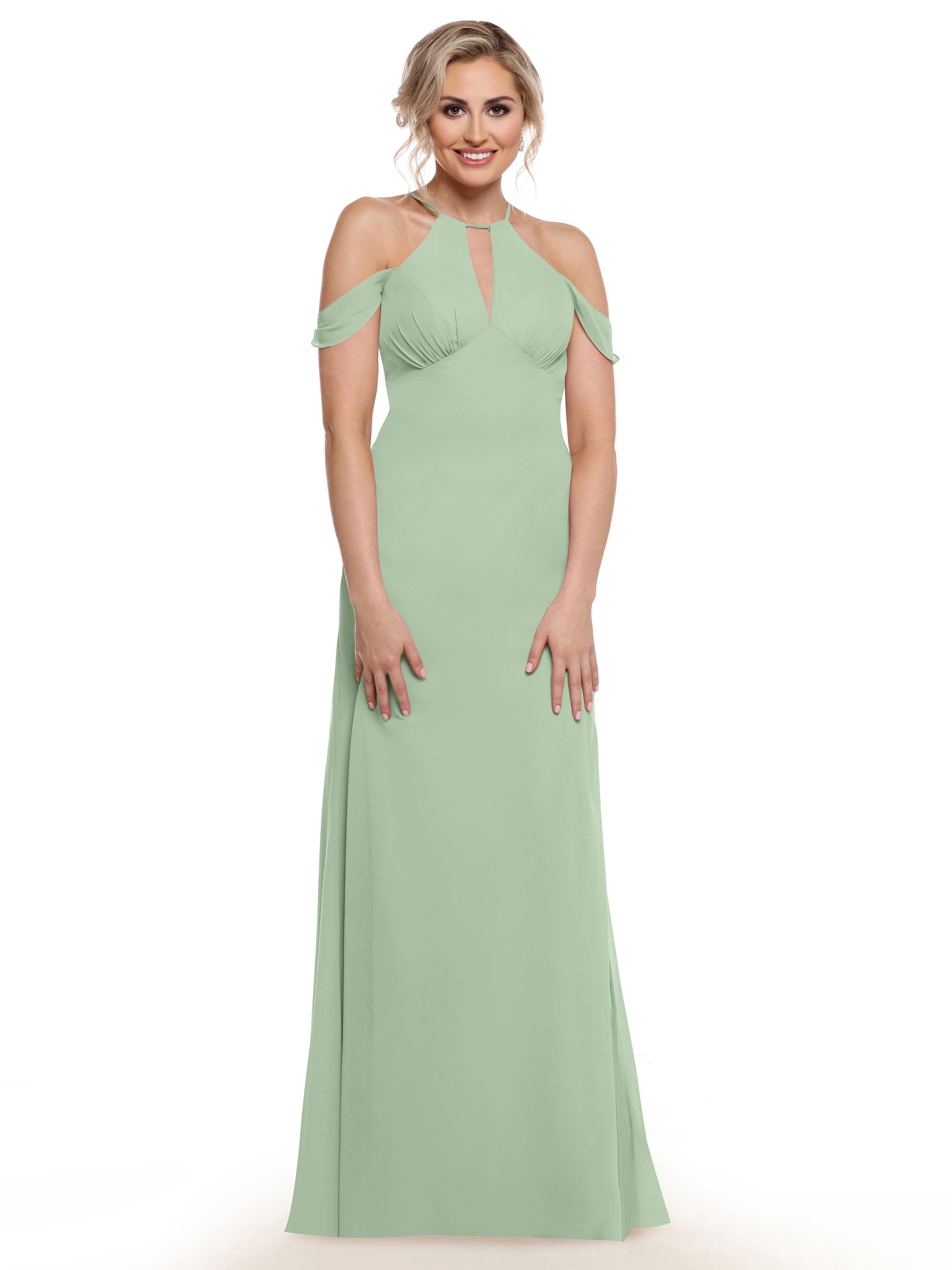 Elegant Off-The-Shoulder Chiffon Bridesmaid Dress with Halter Neckline - Perfect for Weddings, Prom & Formal Events | Style 80148