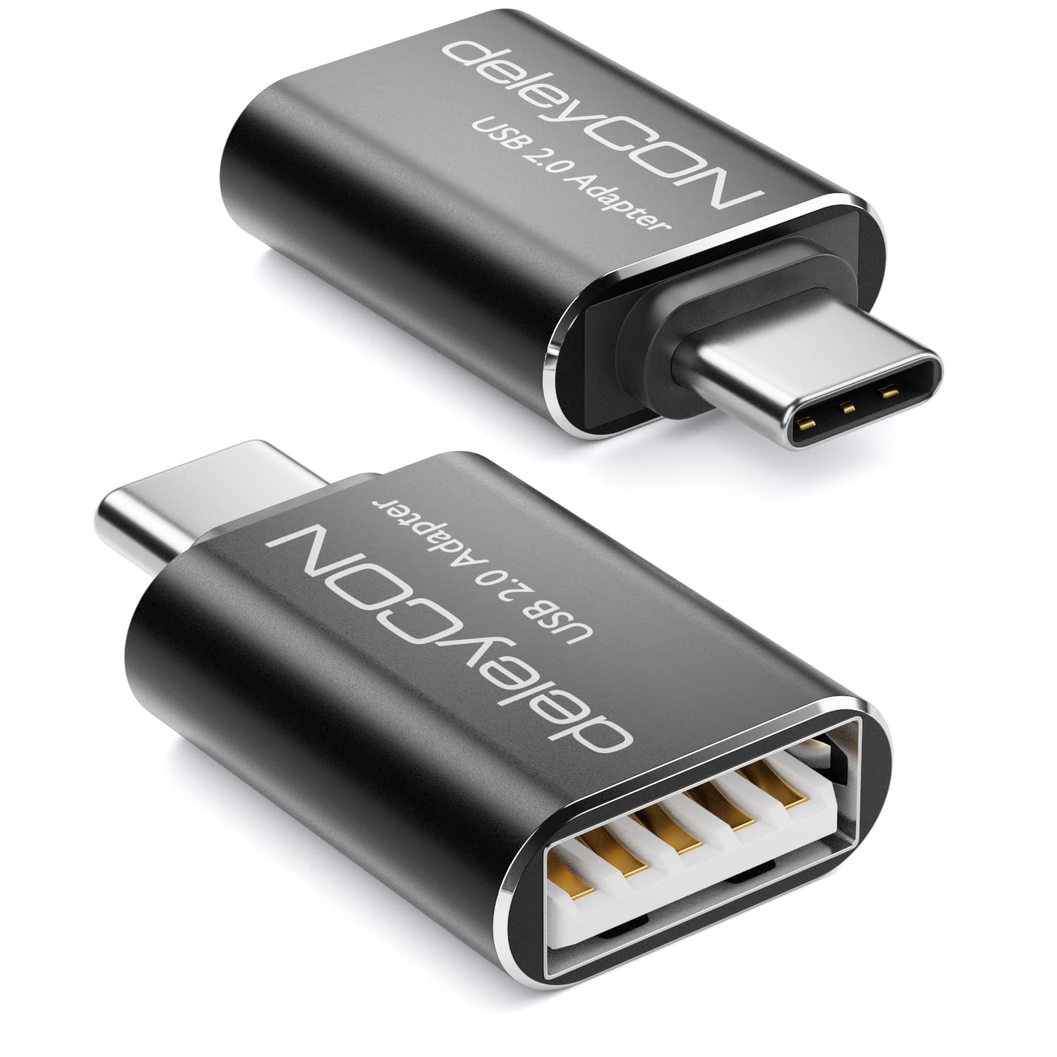 deleyCON USB-C to USB Adapter (2 Pack) - Aluminum OTG Converter for iPhone 15 Pro Max, MacBook Pro/Air 2023, iPad Mini, iMac - Fast Data Transfer & Charging - Perfect for Travel, Office & Home Use (Black)