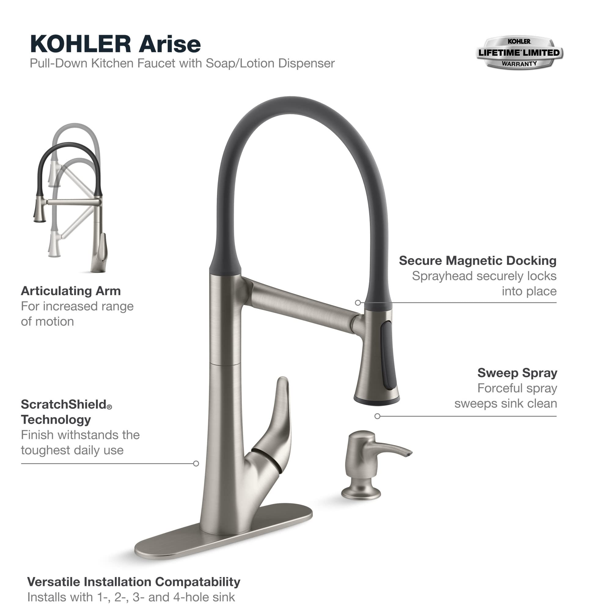 ARISE® Pull Down Kitchen Faucet with Sprayer - High Arc Brushed Nickel Modern Sink Faucet for Home & Commercial Use - Perfect for Washing Dishes, Filling Pots & Cleaning Countertops