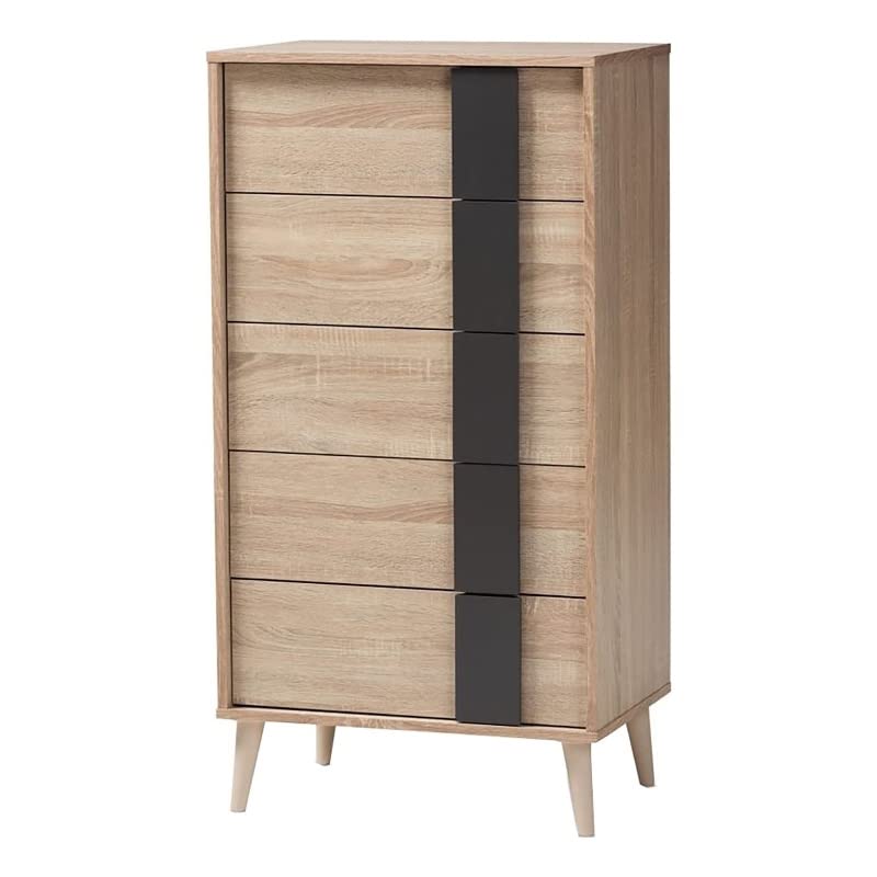 BOWERY HILL Modern 5-Drawer Engineered Wood Dresser Chest in Light Oak Brown - Stylish Bedroom Storage Solution for Clothes, Linens & Accessories