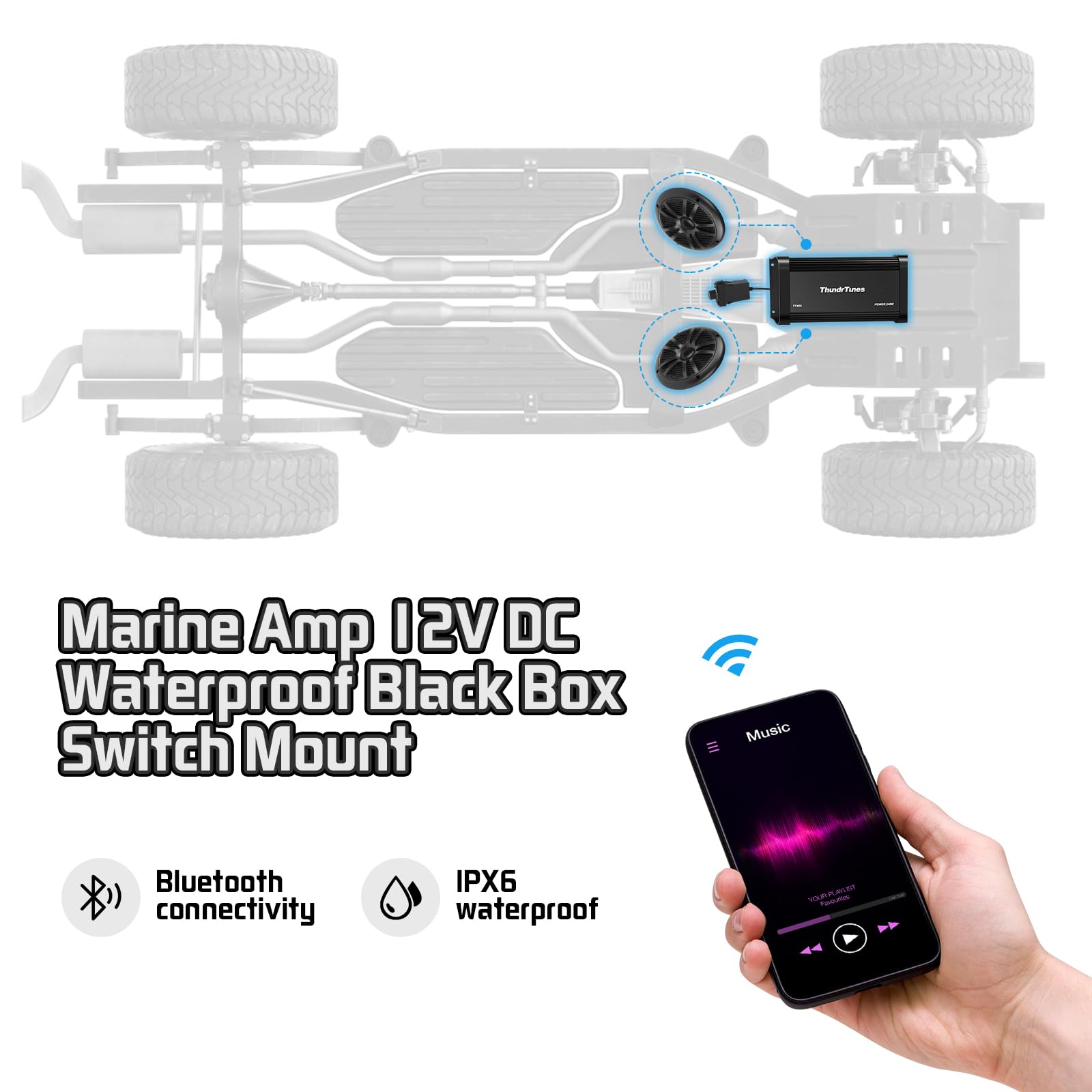 **Marine Powersport Bluetooth Amplifier Audio System - 60W x 4 CH Class D, 2 Black Speakers, Switch Mount - Perfect for Motorcycle, UTV, ATV, Boat - Enhance Your Ride with Premium Sound**