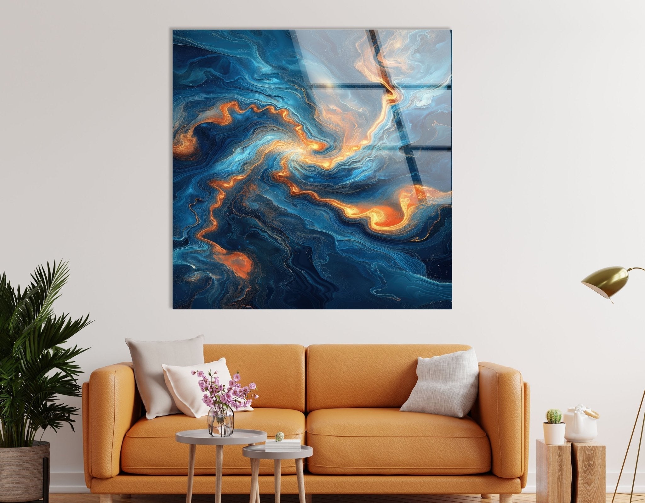 Abstract Swirling Blue and Orange Glass Wall Art - Handmade Modern Home Decor for Living Room, Bedroom & Office - Unique Contemporary Wall Sculpture