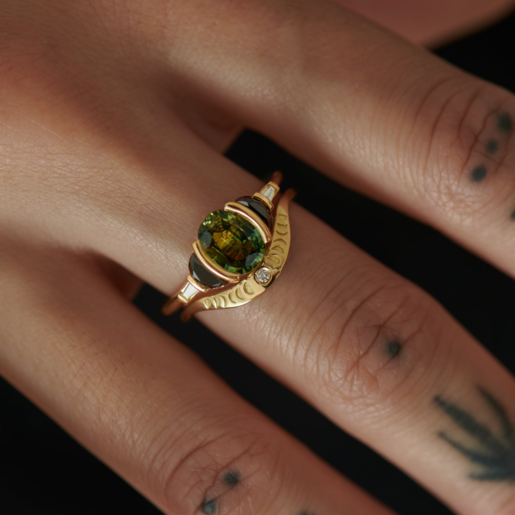Exquisite OOAK Green Parti Sapphire & Black Diamond Engagement Ring - Unique Handmade Jewelry for Weddings, Proposals & Special Occasions
