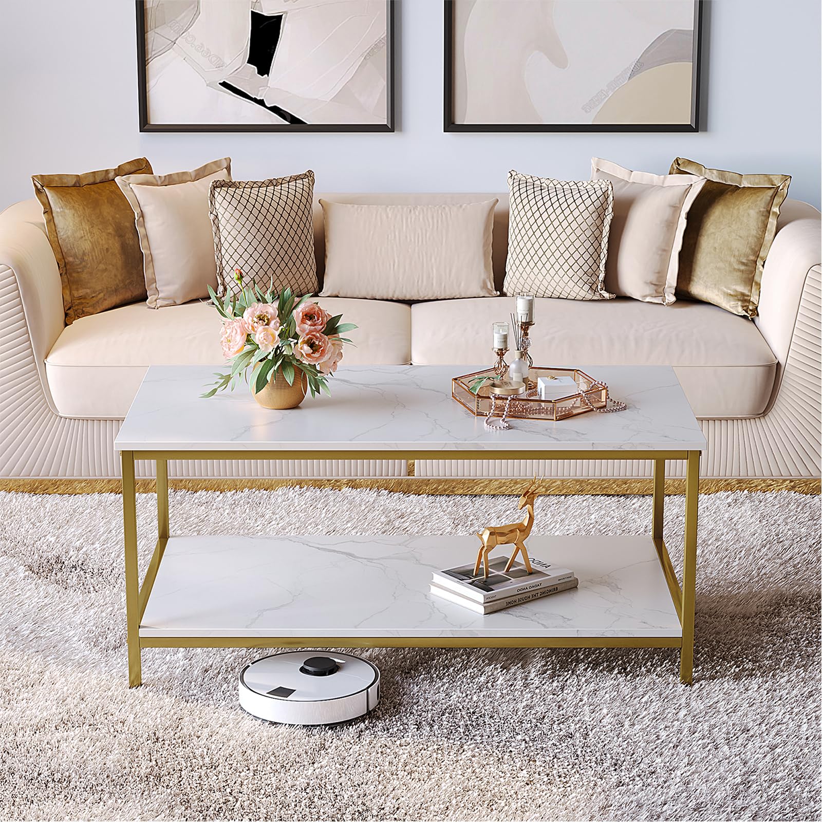 SAYGOER Modern 2-Tier Coffee Table - Industrial Rectangle Wood End Table in White Gold for Living Room, Home Office & Small Spaces | Perfect for Lounge, Apartment Decor & Coffee Serving