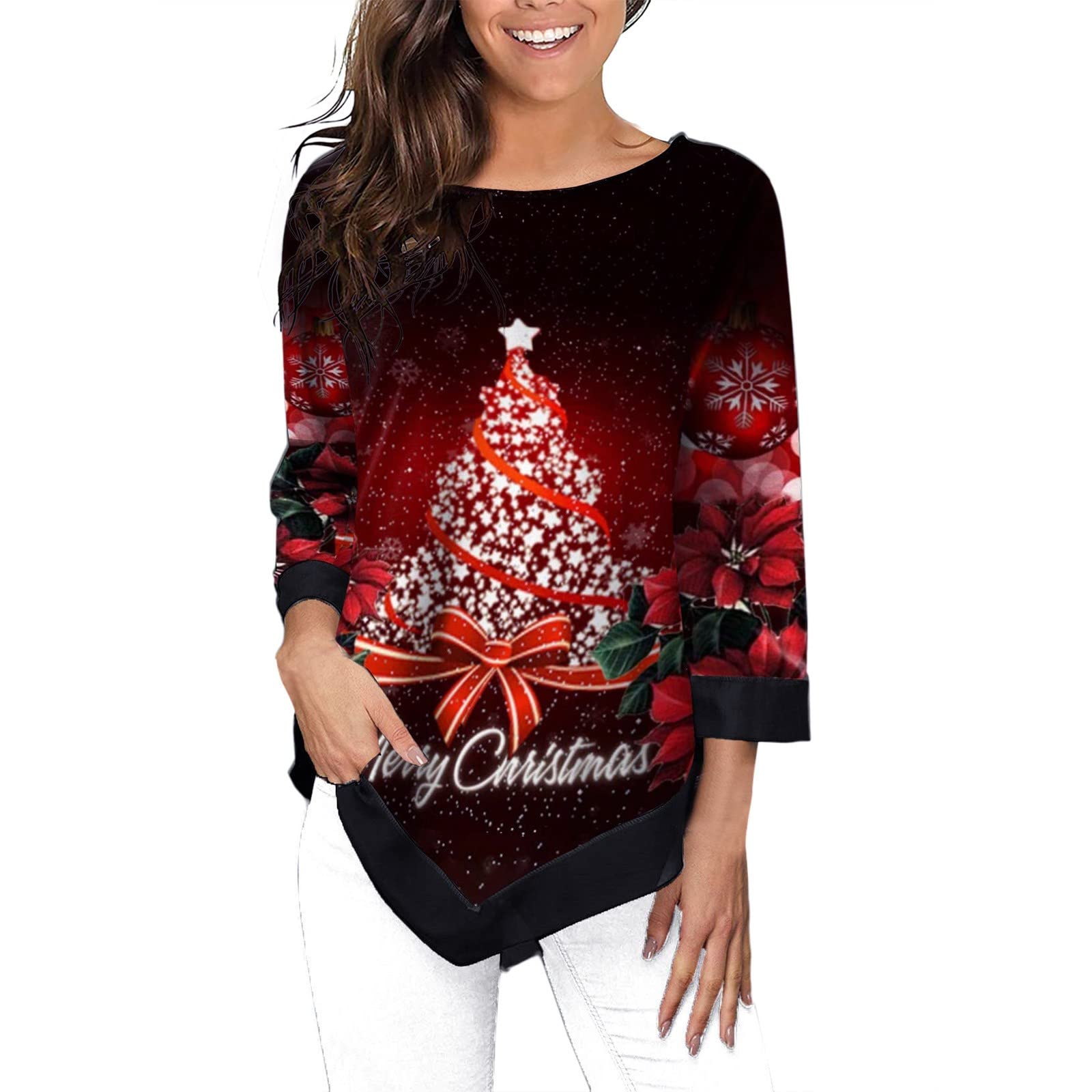 Women's Christmas Print Color Block Long Sleeve T-Shirt - Festive Holiday Red Top for Casual Wear & Christmas Parties
