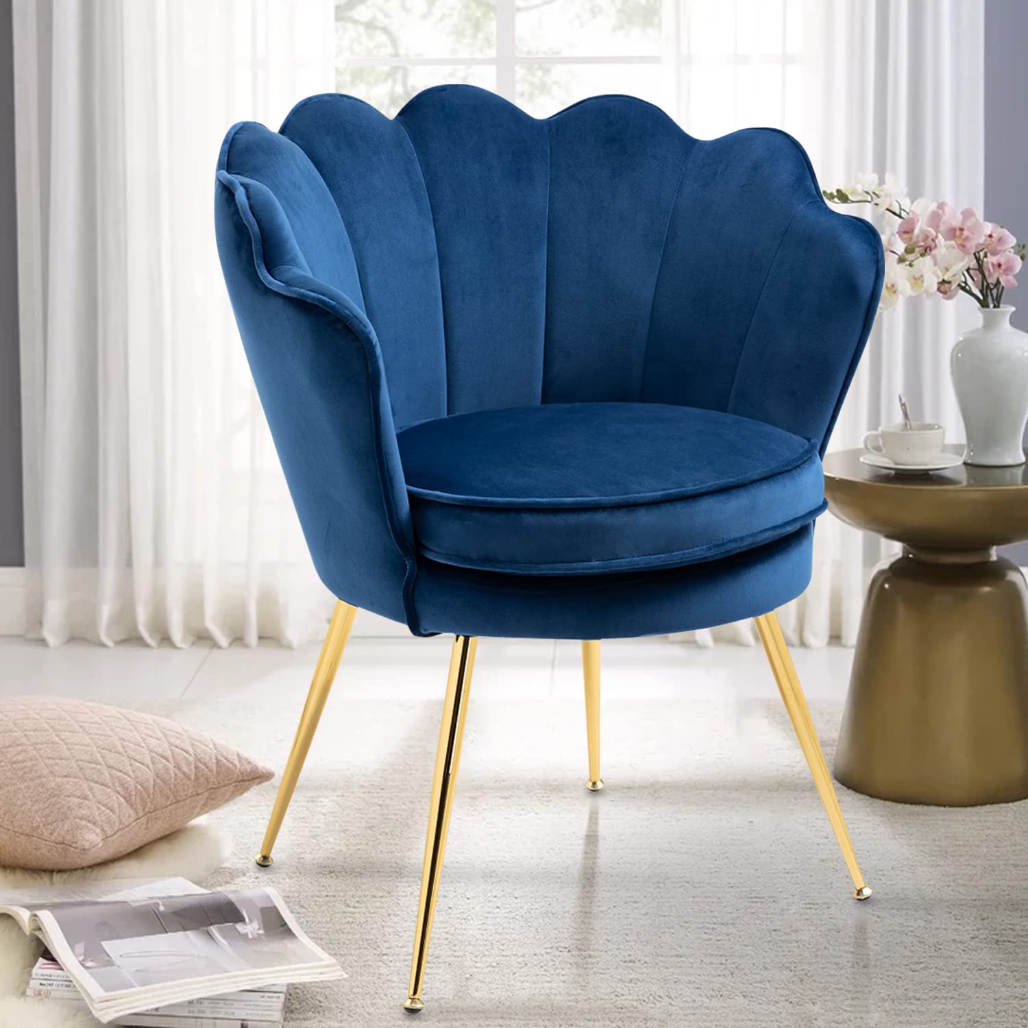 Velvet Accent Chair Mid Century Modern Armchair - Navy Blue Upholstered Occasional Chair with Golden Legs for Living Room, Bedroom & Makeup Vanity | Flower Shaped Reception Seating for Home & Office Decor