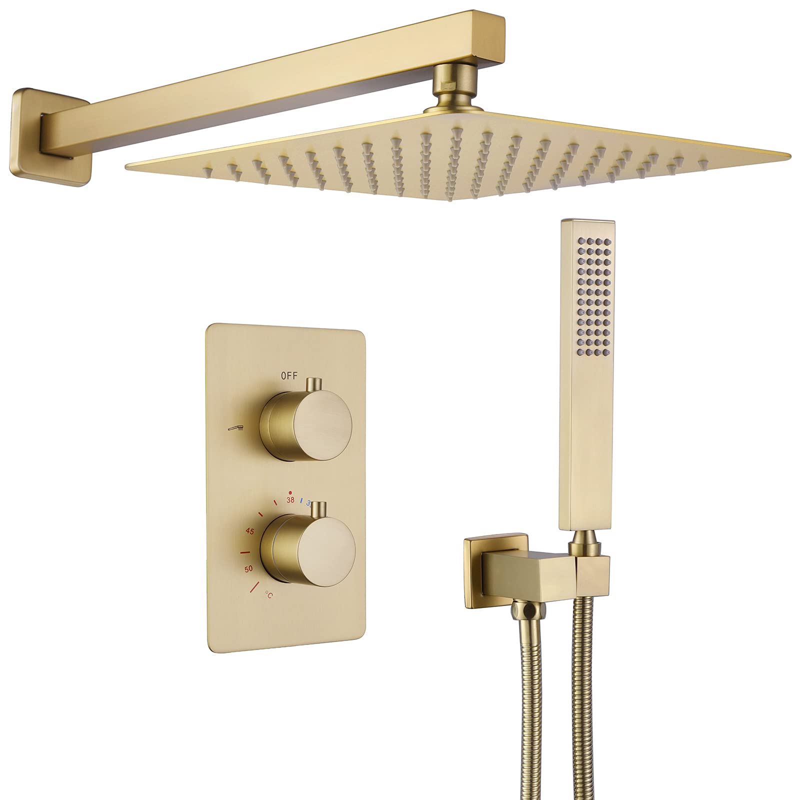 YUESIMATE Thermostatic Rain Shower Head Kit - Brushed Gold Shower Combo Set with Handheld Sprayer & Brass Valve - 2-Function Wall Mounted Rainfall Shower System for Bathroom - Perfect for Spa-Like Experience and Modern Home Renovation