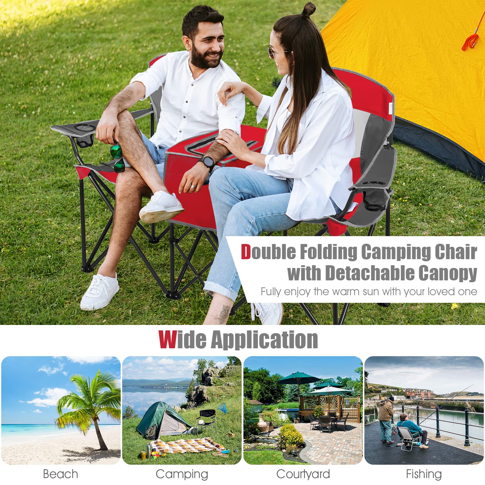 SAFSTAR 2-Person Folding Camping Chair with Shade Canopy - Portable Beach Chair with Cup Holder, Mini Table & Carrying Bag - Compact Outdoor Chairs for Camping, Backyard, Patio, Pool & Beach Picnics - Red
