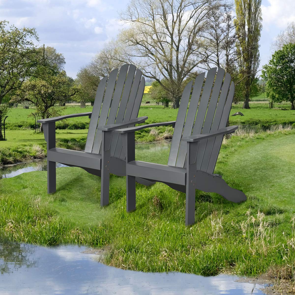 Premium Acacia Wood Adirondack Chair - Heavy Duty 350 lbs Weight Capacity, Weather-Resistant Outdoor Lounge Chair for Patio, Garden, Poolside, Deck & Fire Pit - Perfect for Relaxing in Backyard, Balcony or Lakeside (Gray)