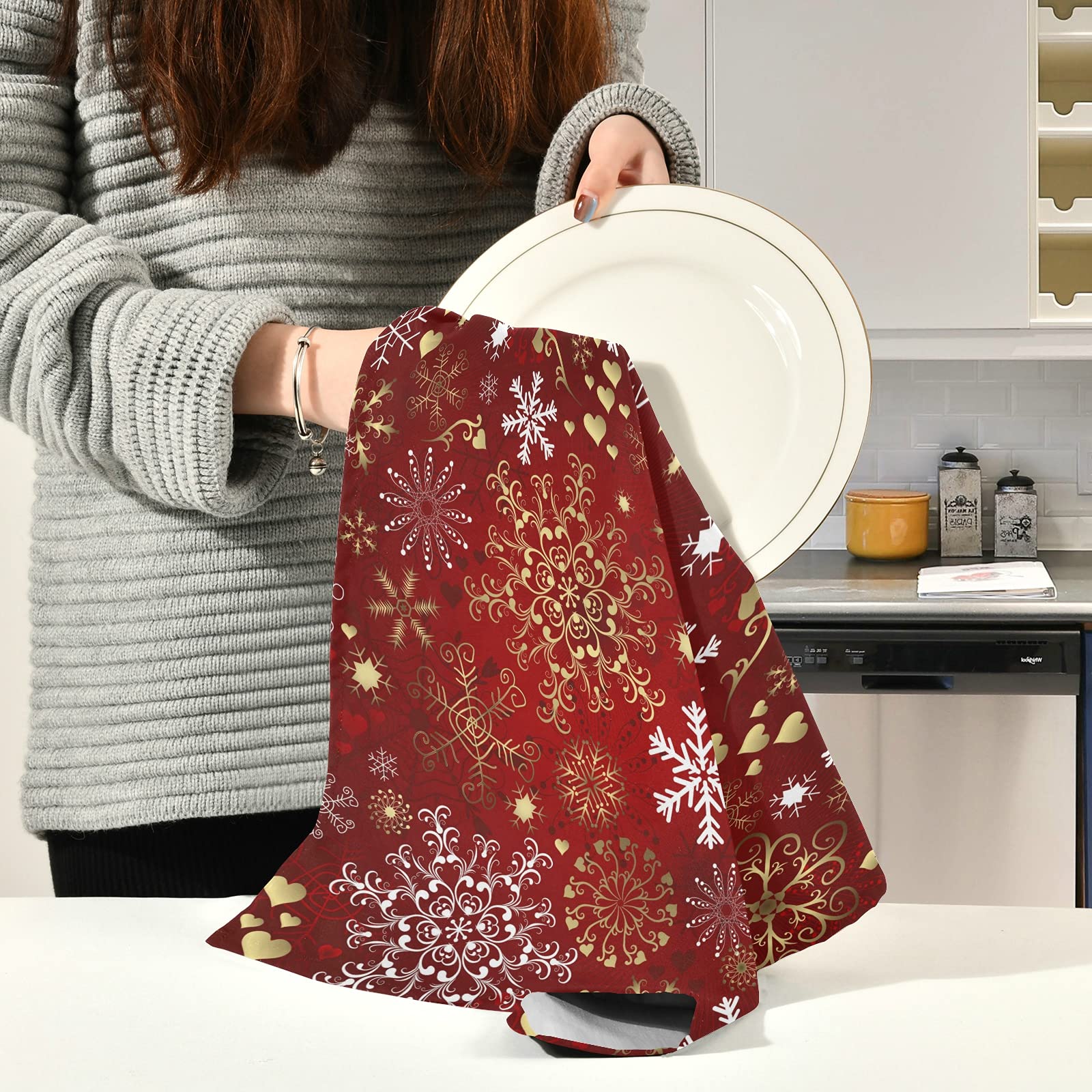 ALAZA Christmas Snowflake Red & Gold Kitchen Towels Set of 6 - Super Absorbent Soft Dish Towels 18x28 inches - Perfect for Holiday Decor, Dish Drying & Tea Time