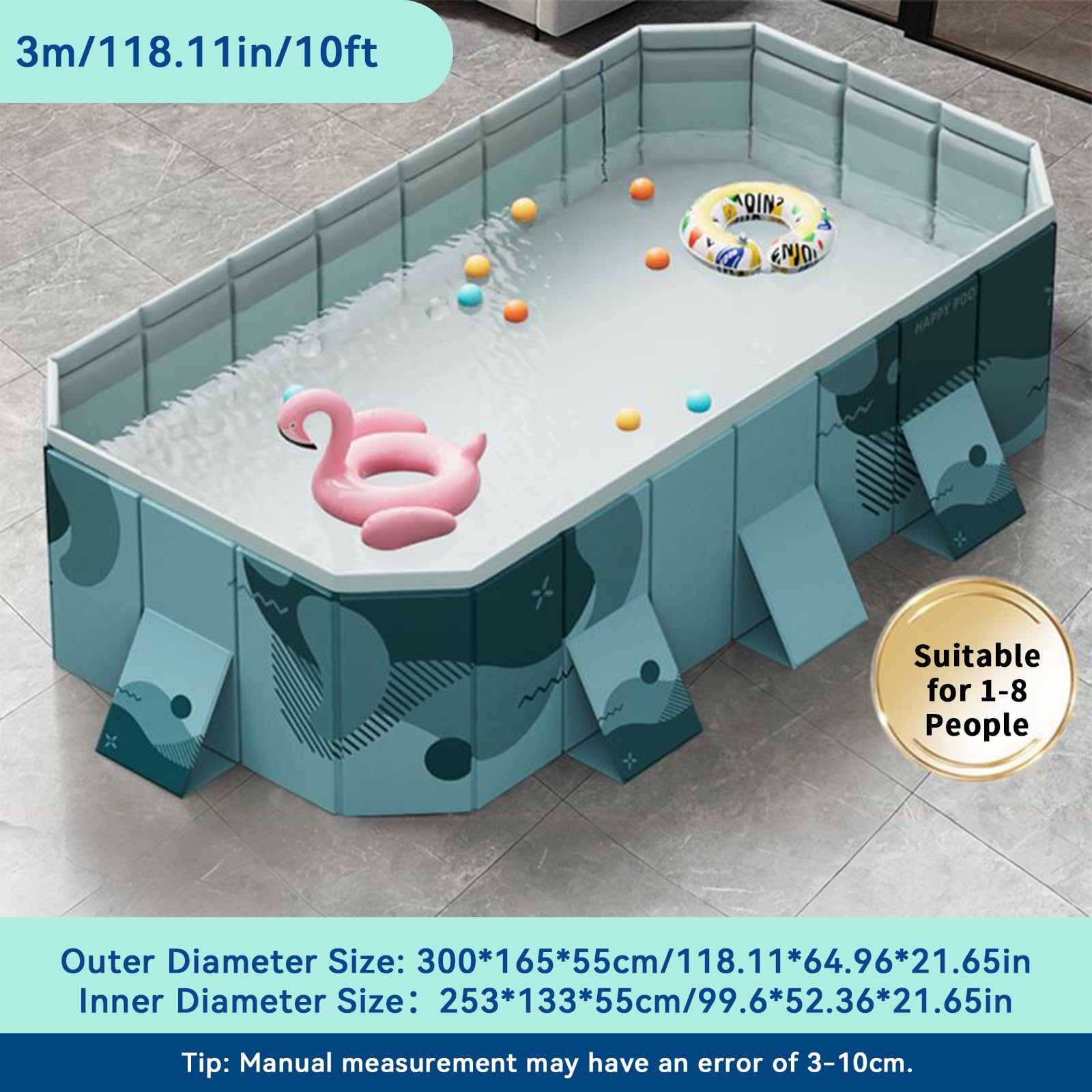 Foldable Above Ground Swimming Pool - 3m Rectangular Outdoor Family Pool with Drain Plug & Easy Assembly | Perfect for Backyard, Garden, and Summer Fun (Style B)