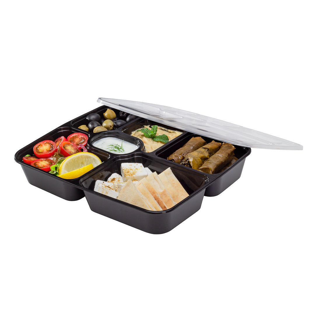53 oz Black Plastic 6-Compartment Food Storage Container with Clear Lid - Microwave Safe (9.75