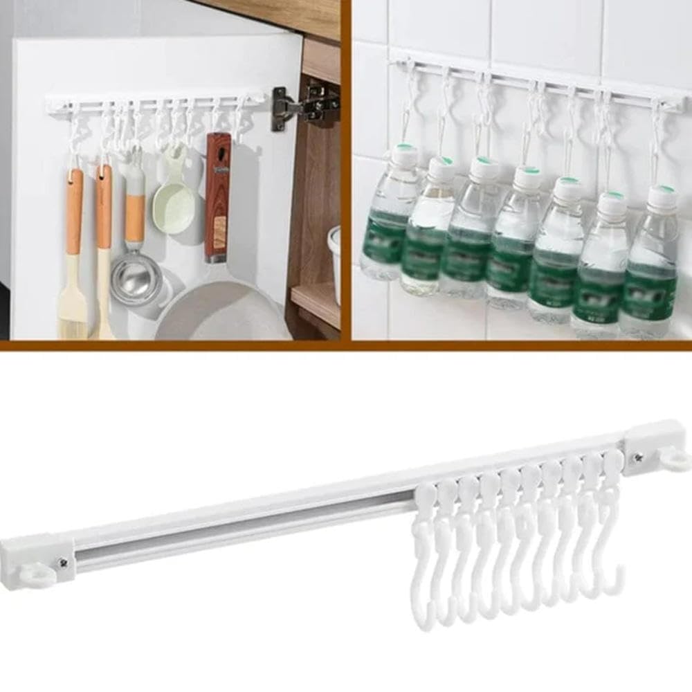 10-Pack Multifunctional Slide Rail Hooks - No Drill Adhesive Wall Hooks for Kitchen, Bathroom & Bedroom - Space Saving Utensil Rack (30cm/11.8in) - Perfect for Organizing Sponges, Towels & Cooking Tools