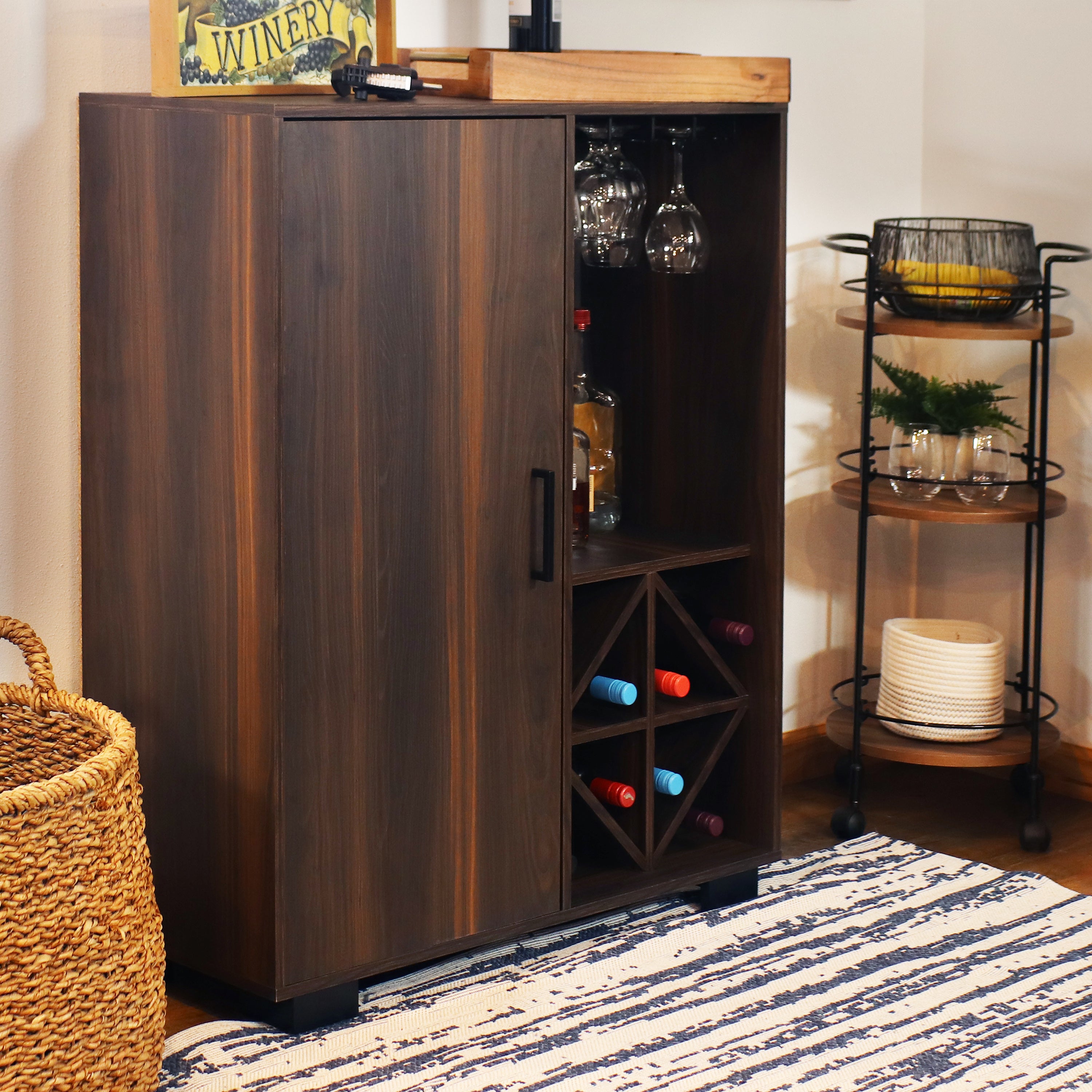 Sunnydaze Lavina Wine Bar Cabinet with Glass Rack & Bottle Storage Shelves - Modern Home Bar Furniture for Kitchen, Dining Room & Entertaining