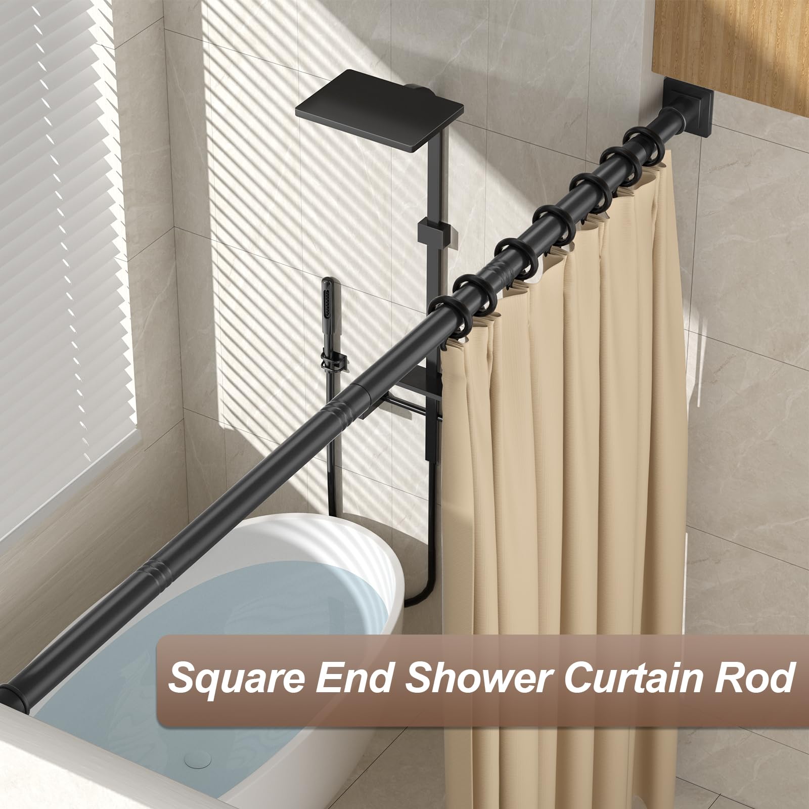 Adjustable No-Drill Shower Curtain Rod 32-80 Inch, Square End Matte Black Stainless Steel Shower Rod for Bathroom, RV, Closet - Perfect for Small Spaces & Rental Homes