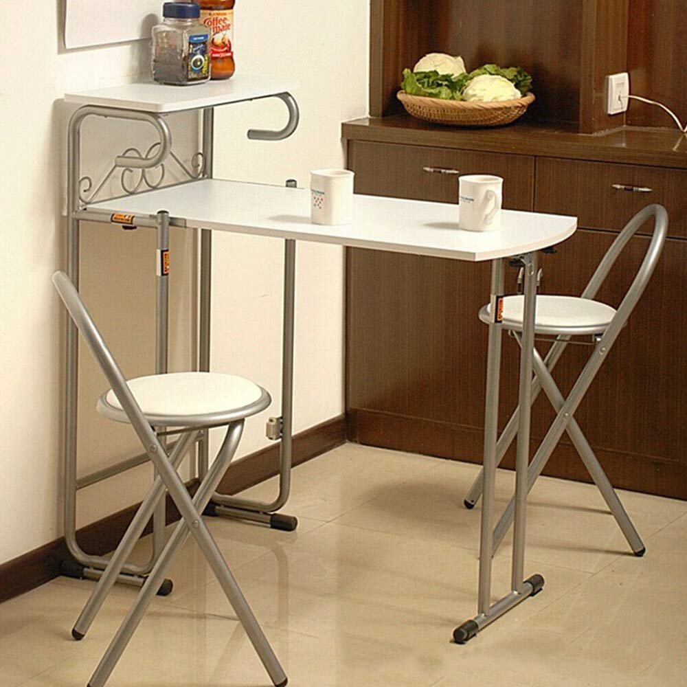 White Folding Dining Set - 3 Piece MDF Metal Table & 2 Chairs for Kitchen, Dining Room, Small Space - 35.24