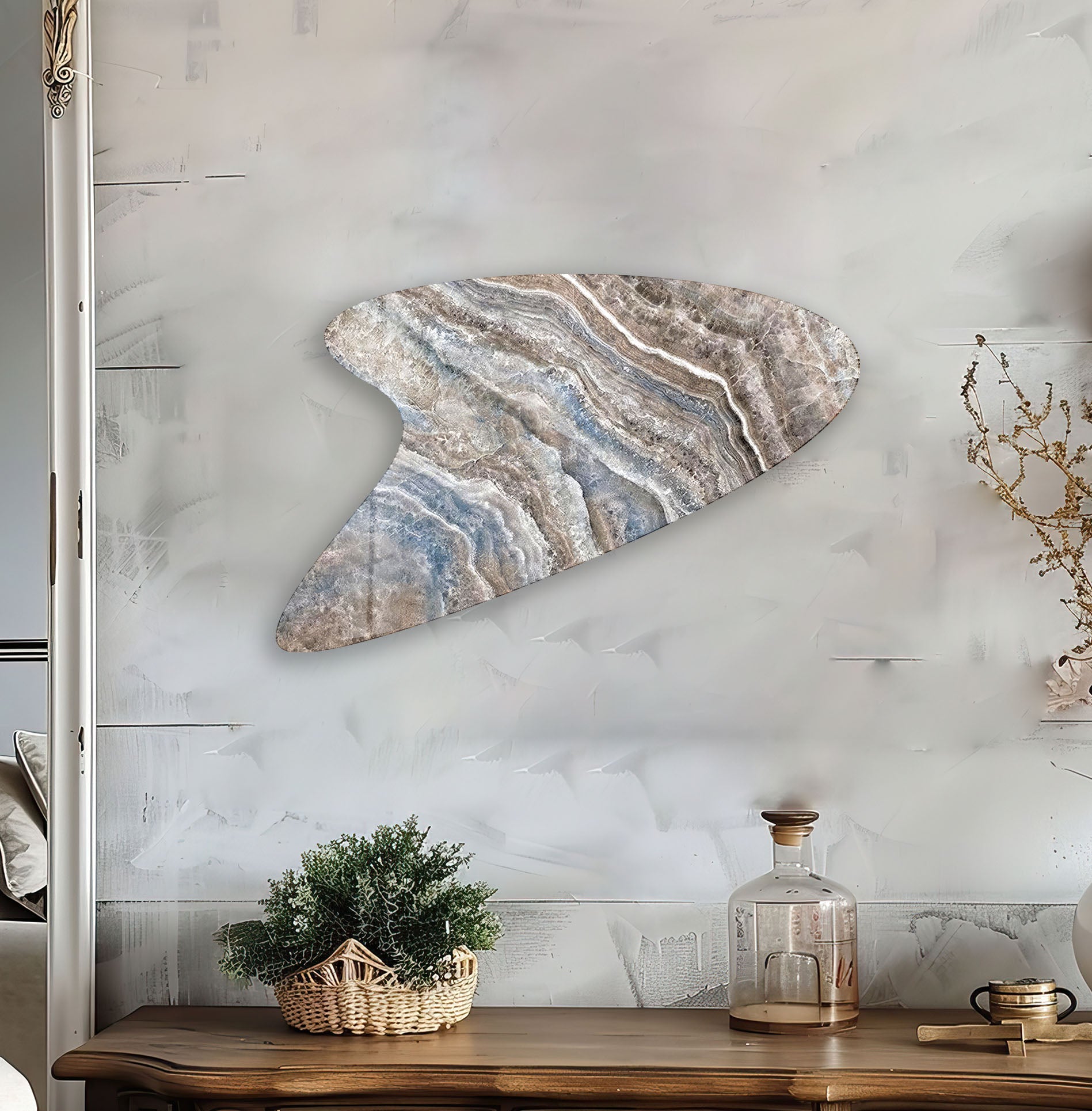 Blue & Beige Marble Irregular Glass Wall Art - Modern Abstract Home Decor for Living Room, Bedroom & Office - Unique Handmade 3D Wall Sculpture for Contemporary Interior Design