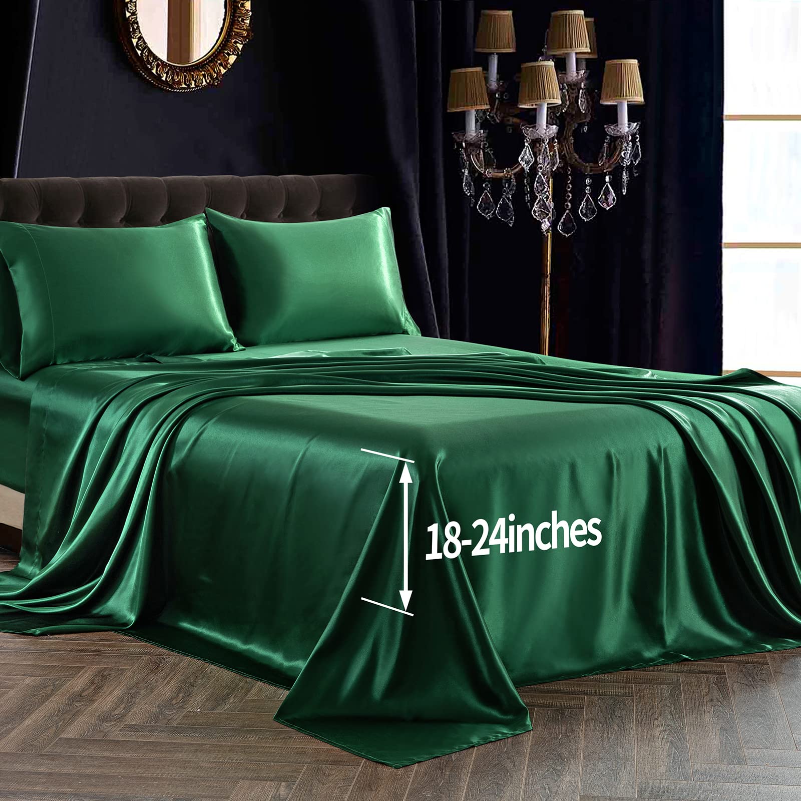 SiinvdaBZX 4Pcs Satin Sheet Set - Extra Deep Pocket Queen Size (Fits 18-24 Inch Mattress) - Ultra Soft Silky Emerald Green Bedding for Luxurious Sleep & Elegant Bedroom Decor