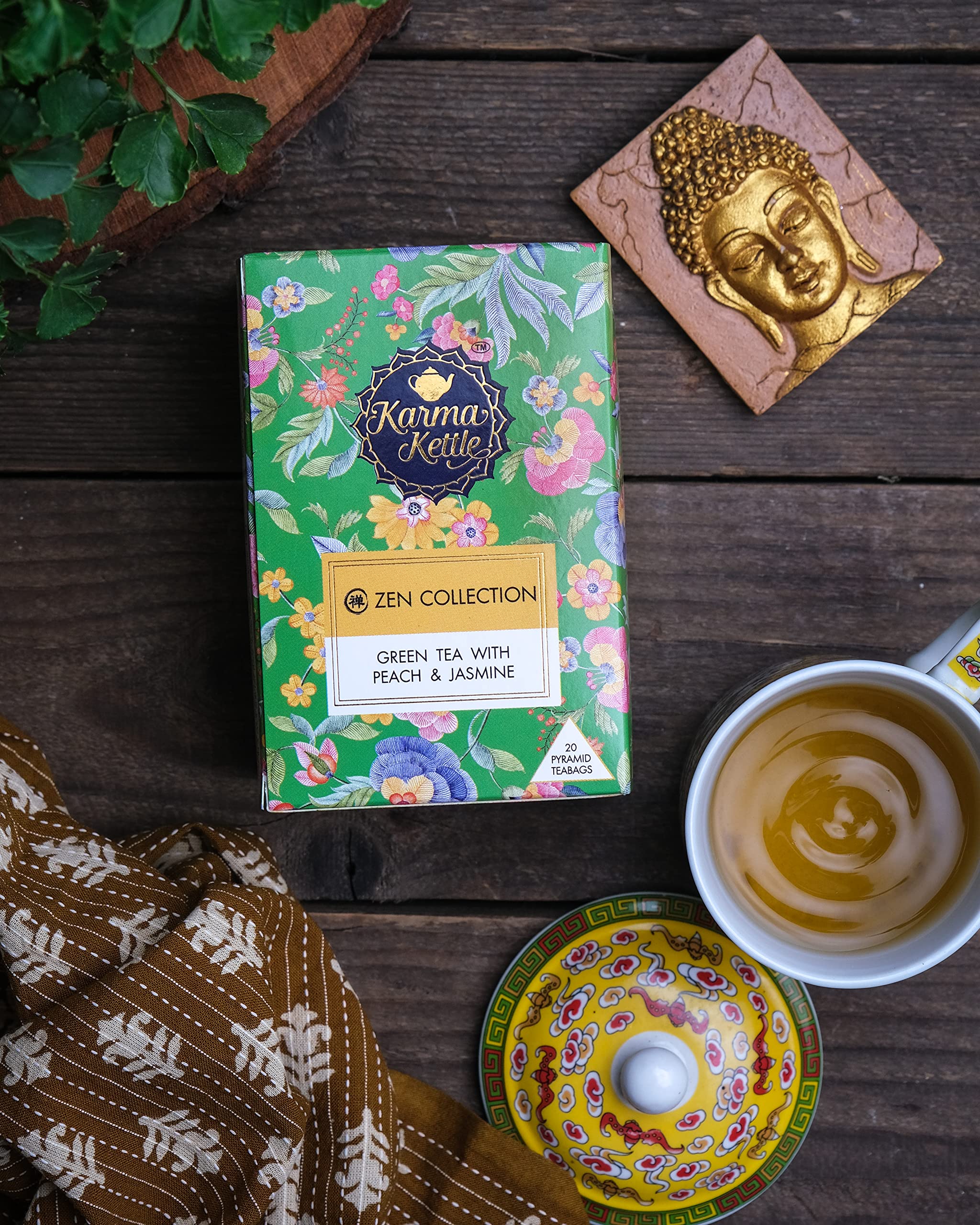 Zen Collection - Green Tea with Peach & Jasmine | Natural Detox & Antioxidant Rich | Metabolism Boosting Herbal Tea | 20 Pyramid Teabags | Perfect for Relaxation, Skin Health & Aromatherapy