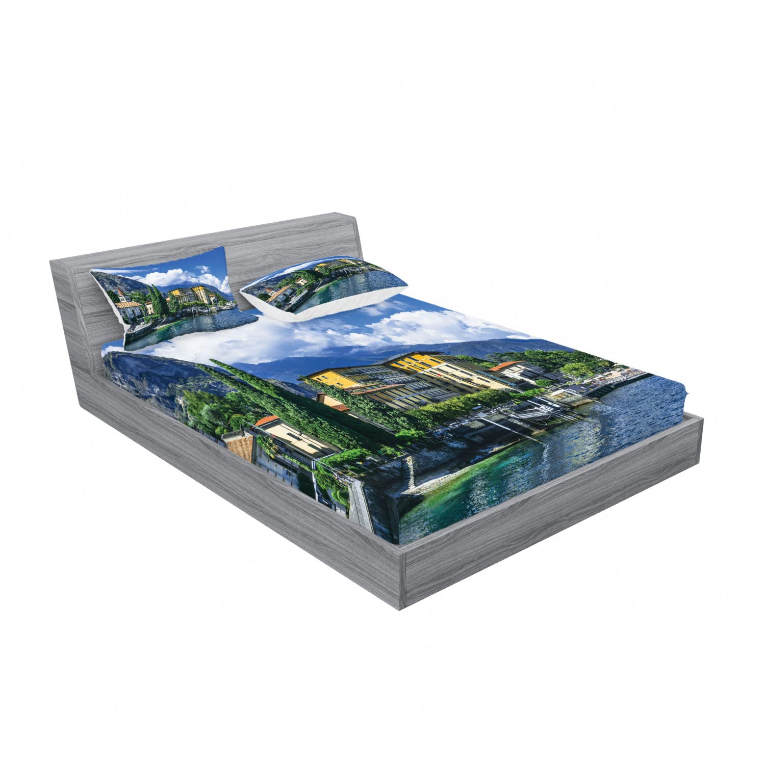 Ambesonne Italy 2-Pack Queen Size Fitted Sheet & Pillow Sham Set - Lake Como Landscape Design, 4-Piece Bedding Set (2 Fitted Sheets + 4 Pillow Covers) in Blue & Green - Luxury Hotel Style Bedroom Decor for Master Bedroom, Guest Room & Vacation Homes