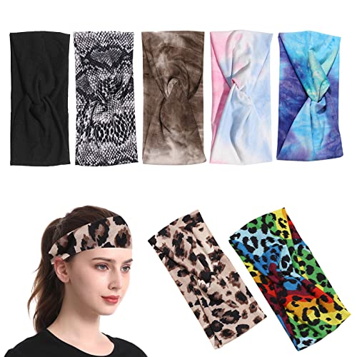 IETONE 7 Pcs Boho Casual Twist Knotted Women Headbands - Leopard Print Flower Non Slip Yoga Hair Band for Sports & Workouts - Criss Cross Elastic Head Wrap for Fixed Hair Styling - Perfect for Yoga, Running, Gym, and Everyday Fashion Accessories