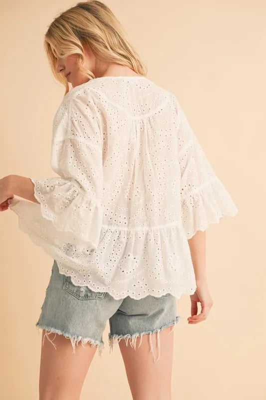 Flounce Sleeve Eyelet Peplum Top for Women - Elegant Ruffle Blouse with Lace Trim for Summer, Office Wear & Date Night Outfits