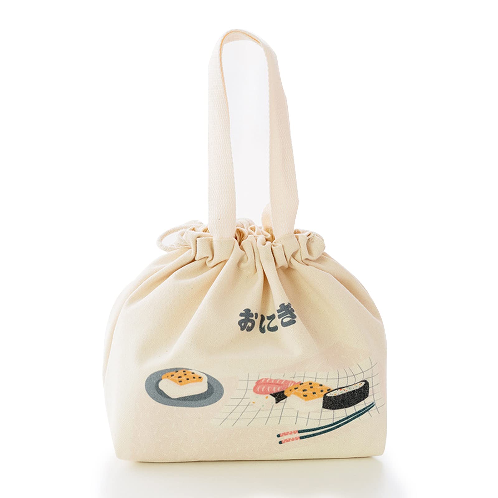 Benshukam Mini Lunch Tote Pouch - Reusable Small Cute Lunch Bag with Drawstring for Women & Girls - Japanese Style Insulated Lunch Carry Bag (White) - Perfect for School, Work, Picnics & Travel