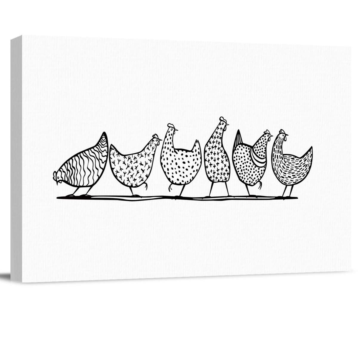 Vintage 1998 Farm Animals Chicken Oil Painting Canvas Wall Art - Black & White Wood Framed Ready to Hang Decor (24x32 Inch) for Living Room, Bedroom, Dining Room & Office | Rustic Countryside Home Decor