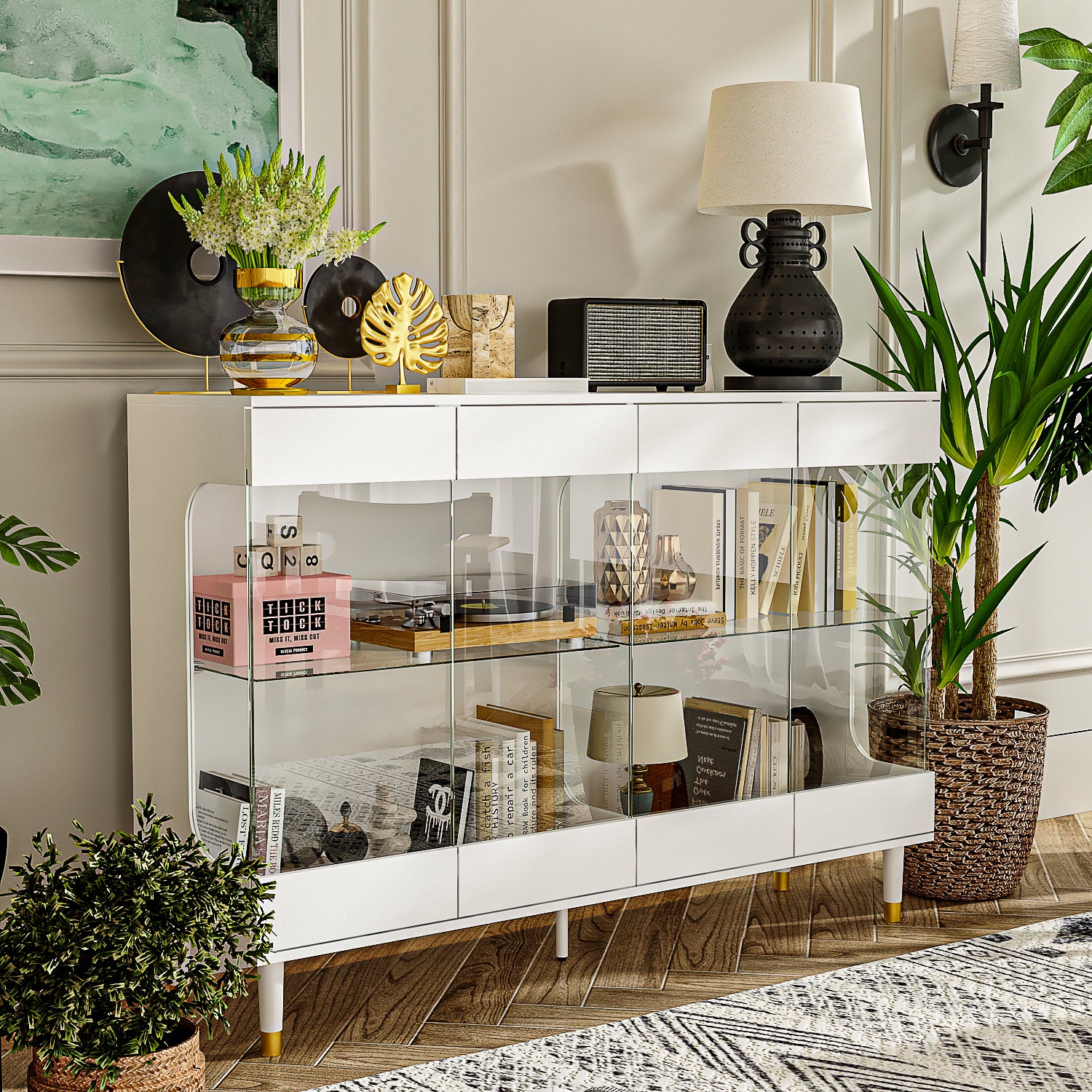 55.1W LED Sideboard Buffet Cabinet with Glass Door - Modern Display Case for Dining Room, Living Room & Home Decor
