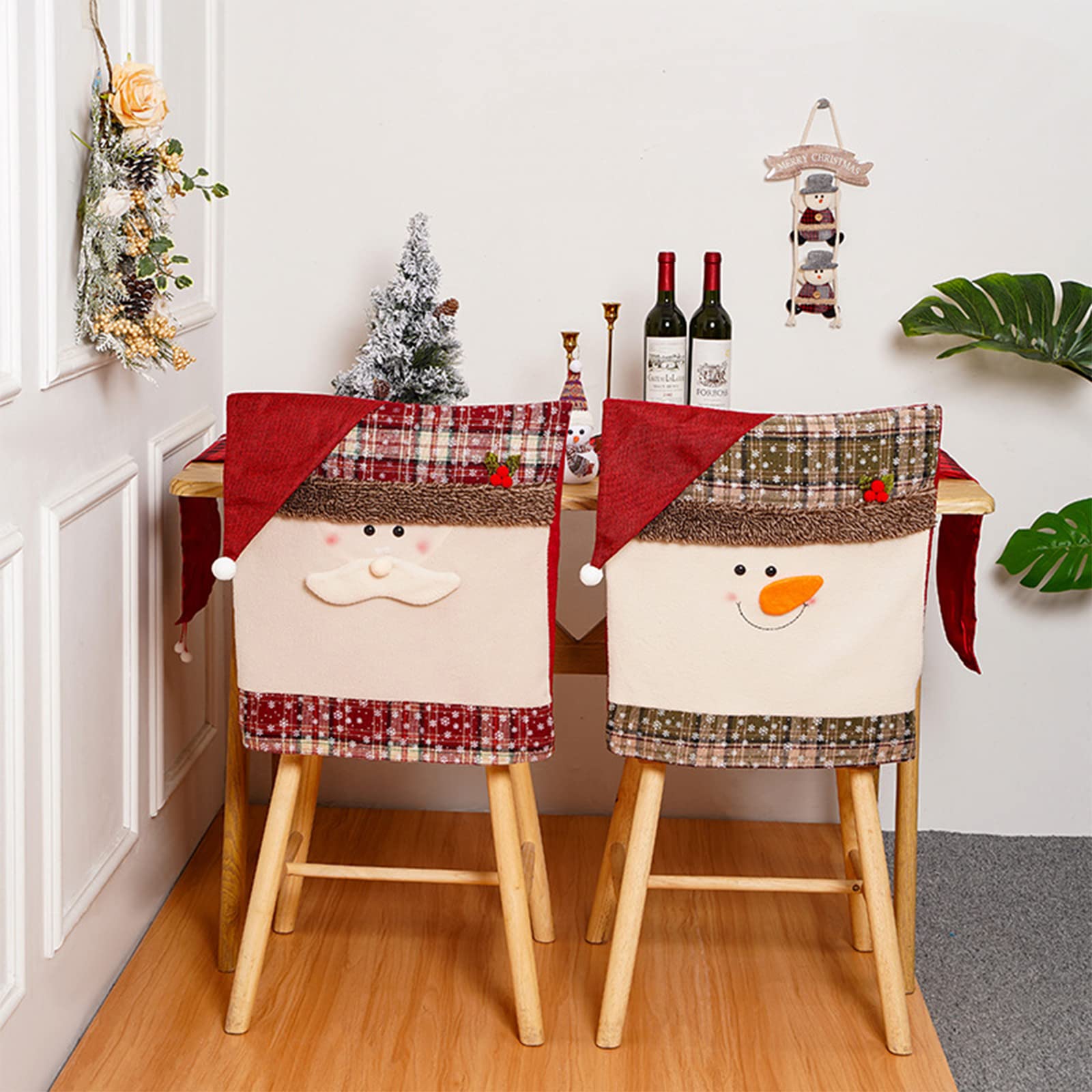 Garhelper Christmas Dining Chair Covers Set of 4 - Snowman & Santa Claus Hat Flannel Slipcovers for Kitchen, Restaurant & Holiday Party Decor | Festive Holiday Dining & Home Decoration