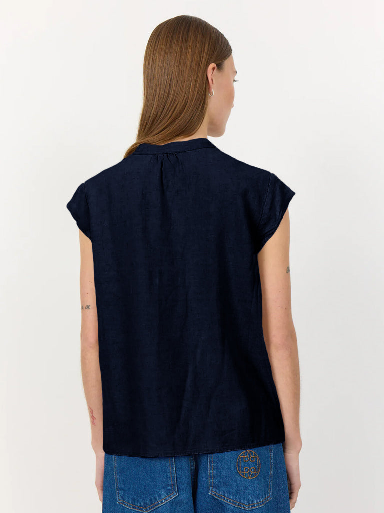 Levete Room Naja Linen Top for Women - Navy Blue Casual Blouse for Summer, Beach & Vacation Wear