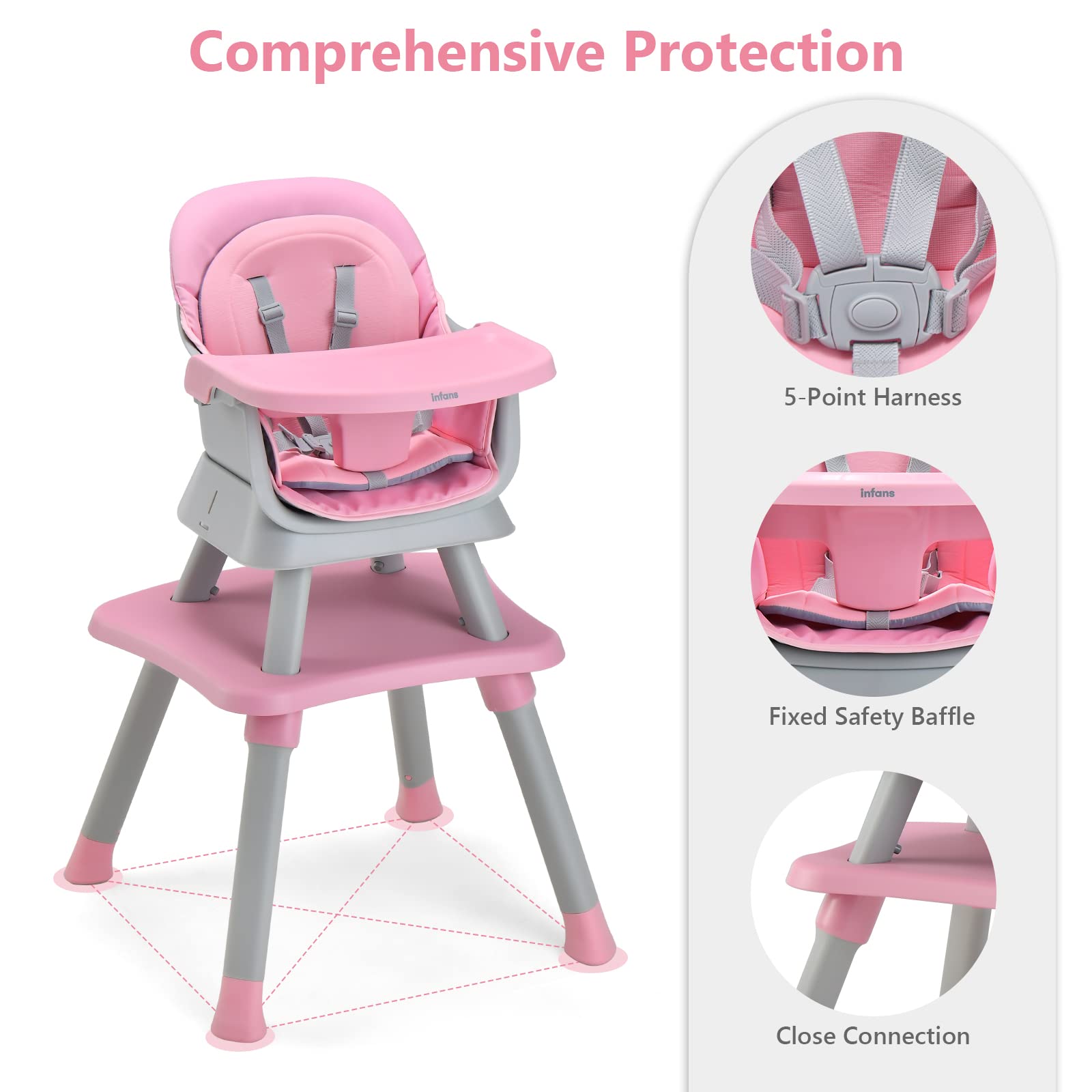 INFANS 8-in-1 Convertible Baby High Chair - Adjustable Toddler Booster Seat with Removable Tray, Building Block Table & Kids Stool - Perfect for Dining, Playtime & Learning Activities at Home