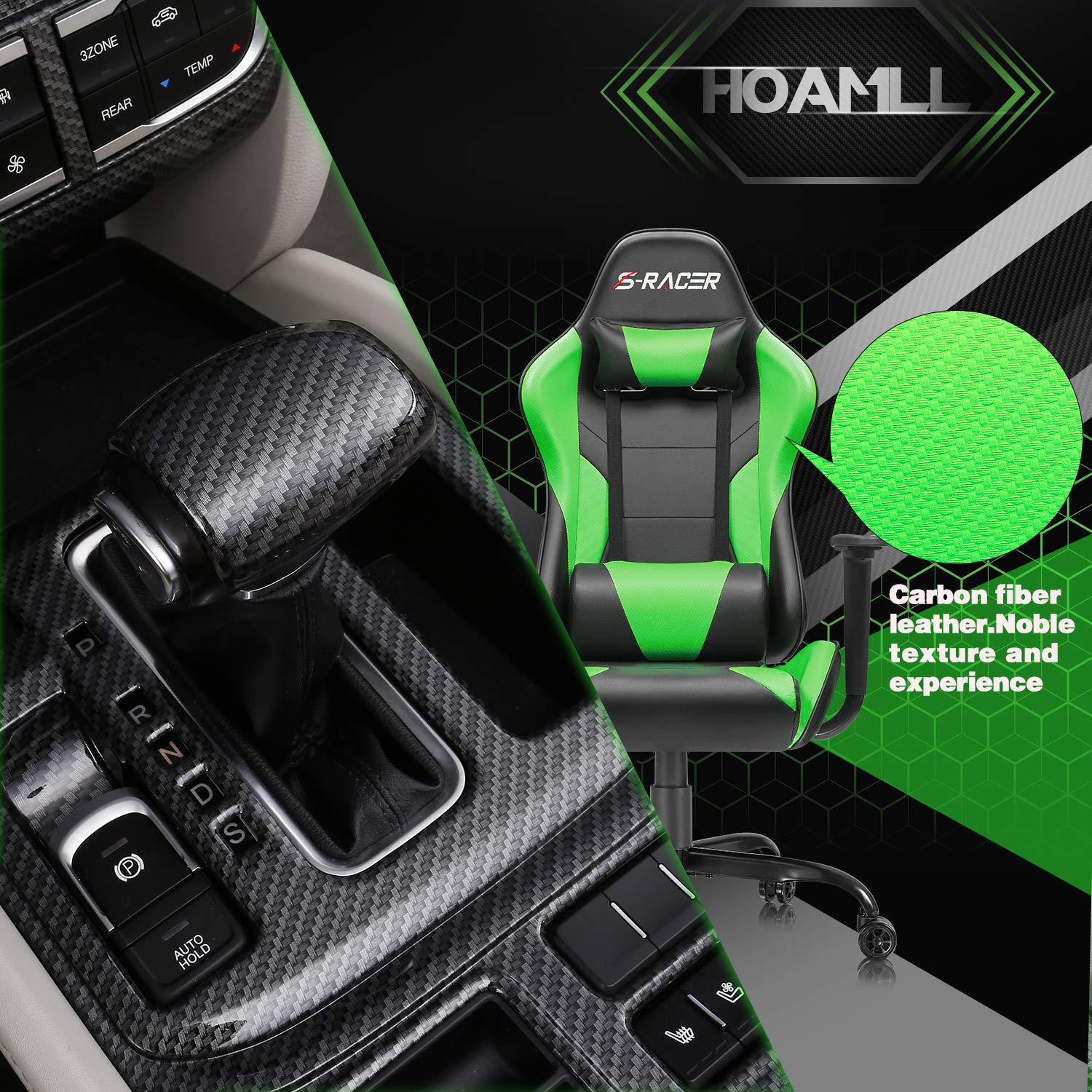 Homall Gaming Office Chair - High Back Ergonomic Computer Desk Chair with Adjustable Height, PU Leather & Headrest - Perfect for Gaming, Work & Home Office (Green)