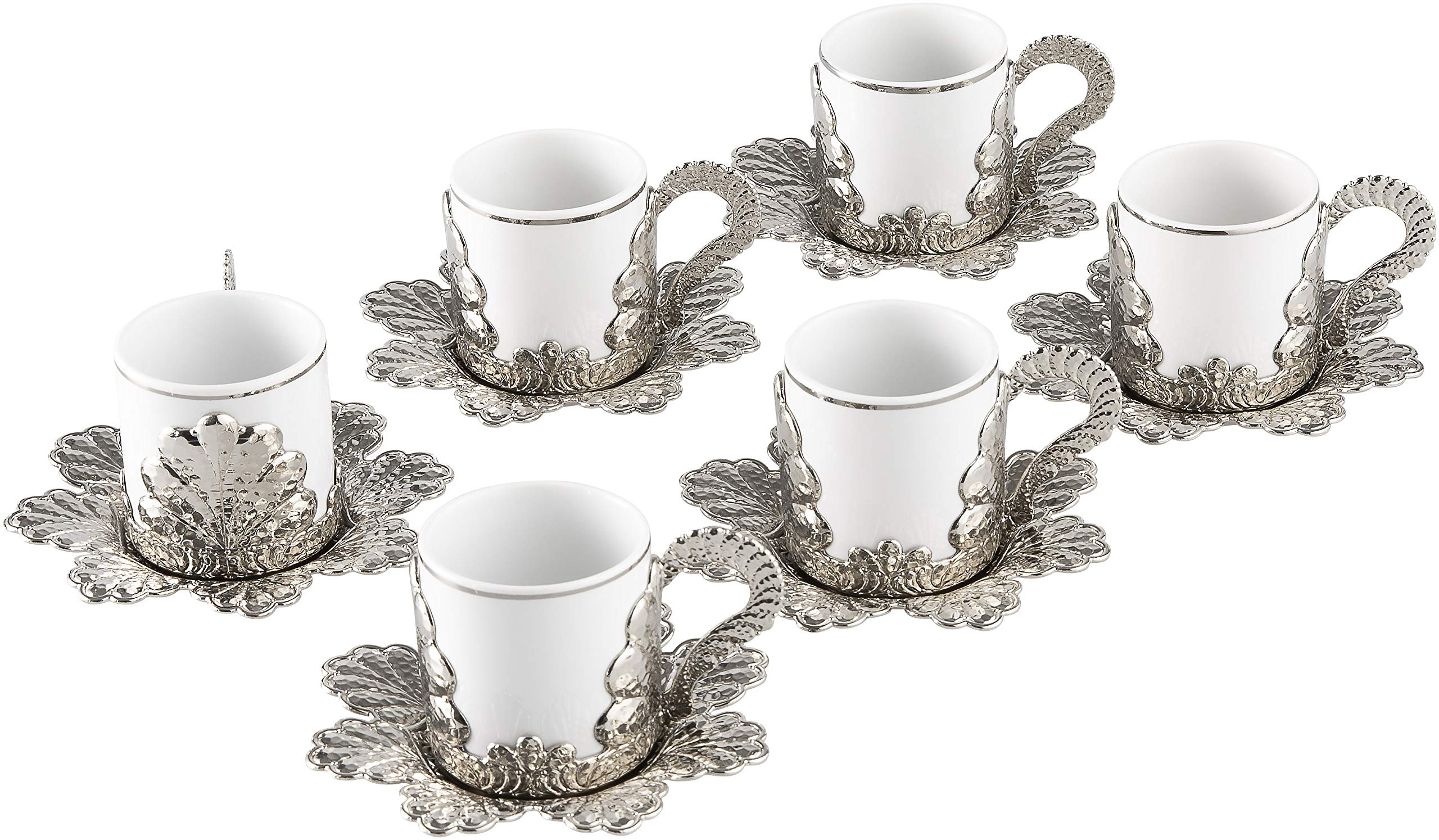Premium Porcelain Espresso Coffee Cups with Saucers - Set of 6 Turkish/Arabic/Greek Style Cappuccino Cups for Latte, Tea & Coffee Lovers - Elegant Silver & Mixed Colors - Perfect for Home, Office, Parties & Gifting