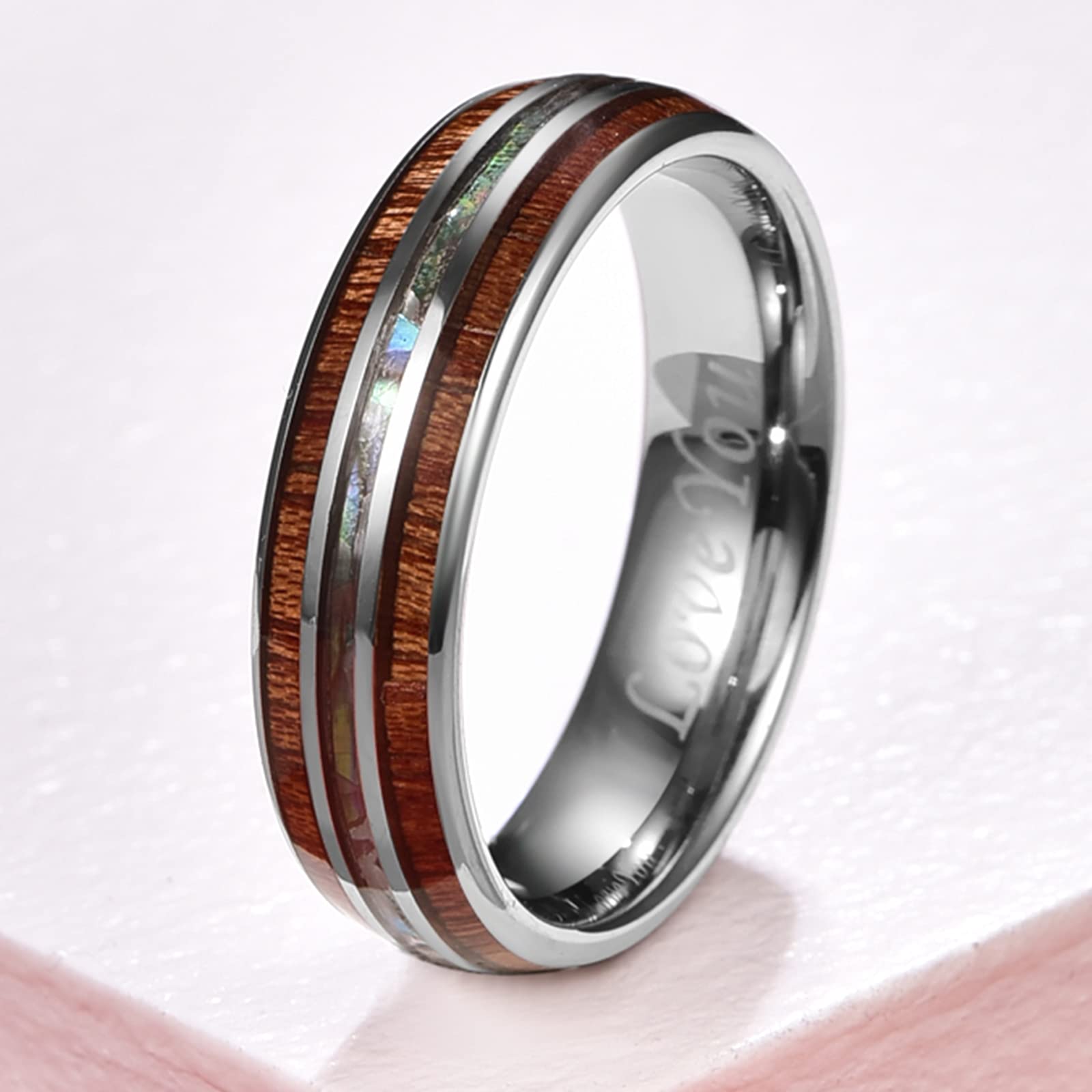 Premium Tungsten Wedding Rings for Men – Wood & Abalone Shell Inlay, Koa Wood Band, Dome Style Promise & Engagement Ring (Size 6-14) – Perfect for Anniversaries, Proposals & Special Occasions