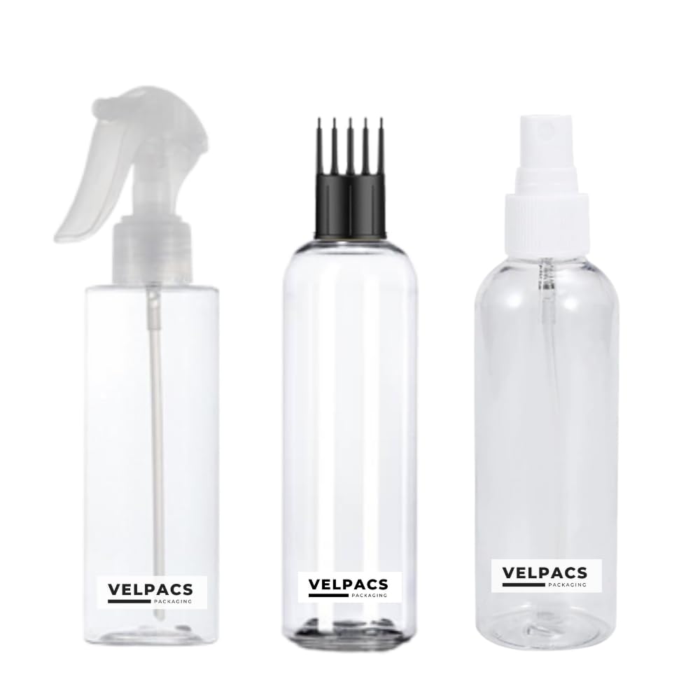 VELPACS PACKAGING 200ml Empty Plastic Bottle Set for Hair Care (1 Applicator + 1 Mist Spray + 1 Trigger Spray) - 3 Pack | Ideal for Rosemary Oil, Essential Oils, Perfume, Rosewater | Travel Size, Leak Proof, Clear Bottles | Perfect for DIY Beauty, Salon Use & Travel Toiletries