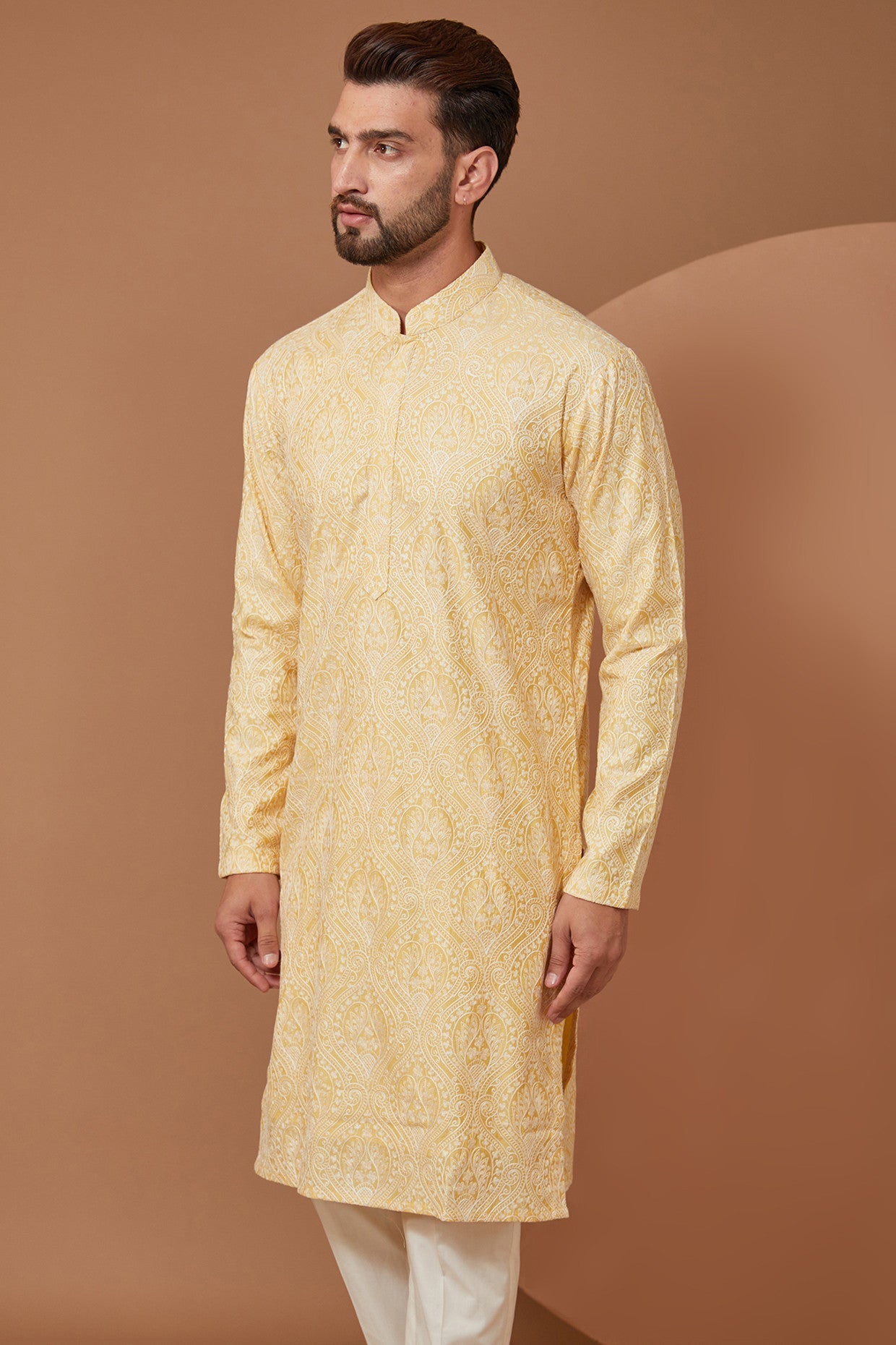 Elegant Yellow Embroidered Kurta with White Threads - Perfect for Festivals, Weddings & Ethnic Fashion